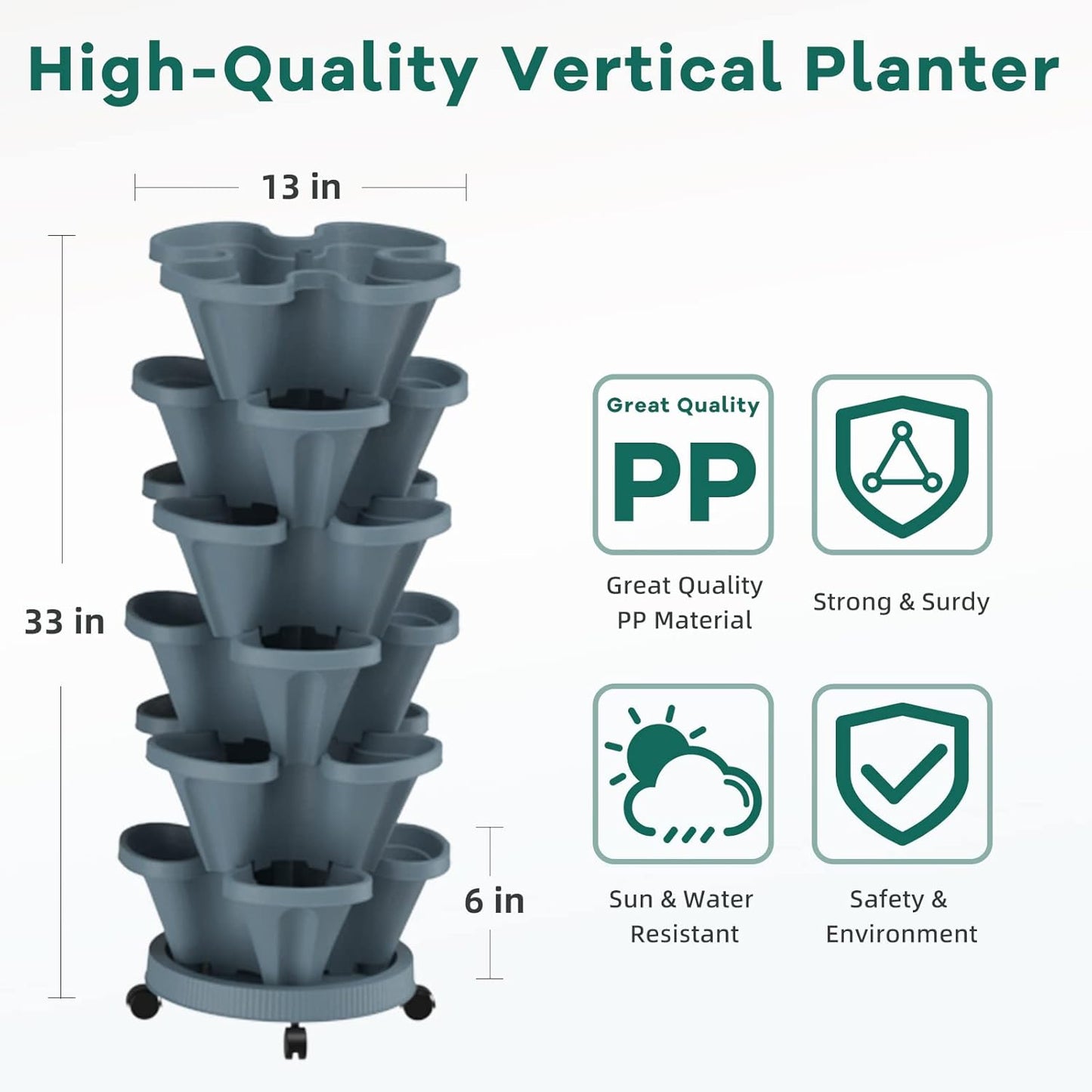 Strawberry Vertical Planter Tower Garden 2 Pack, 6 Tiered Stacking Planter with Support Pole, Stackable Herb Planter Indoor Outdoor Dark Grey