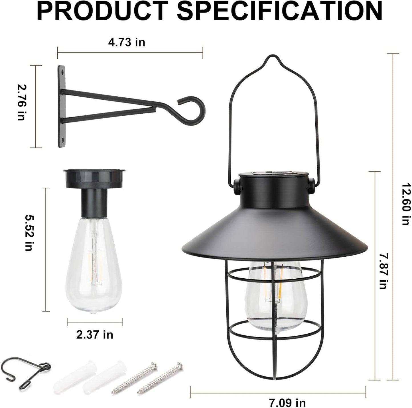 pearlstar Solar Lantern Outdoor 2 Packs Hanging Light Metal Solar Lamp with Warm White Edison Bulb Design for Garden Yard Patio Proch Decor(Black)