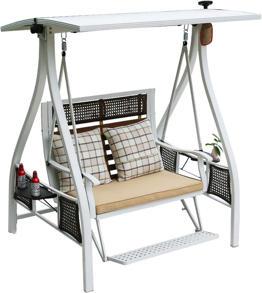 2/3-Seat Outdoor Patio Porch Swing with Adjustable Aluminum Alloy Canopy Solar Patio Swing Chair Bench with Footrest Side Cup Holder for Backyard Lawn (Himalaya White-2 Seat)