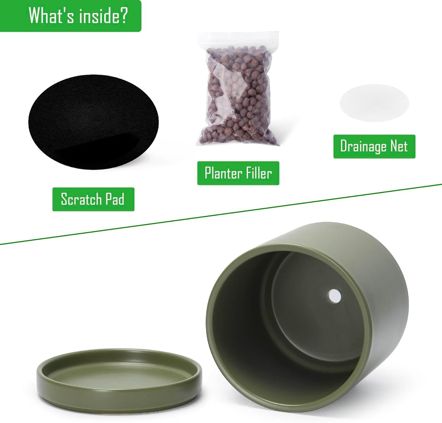 D'vine Dev 8.2 Inch Ceramic Planter Pot with Drainage Hole and Saucer, Indoor Cylinder Round Planter Pot, Olive, 94-O-D-J