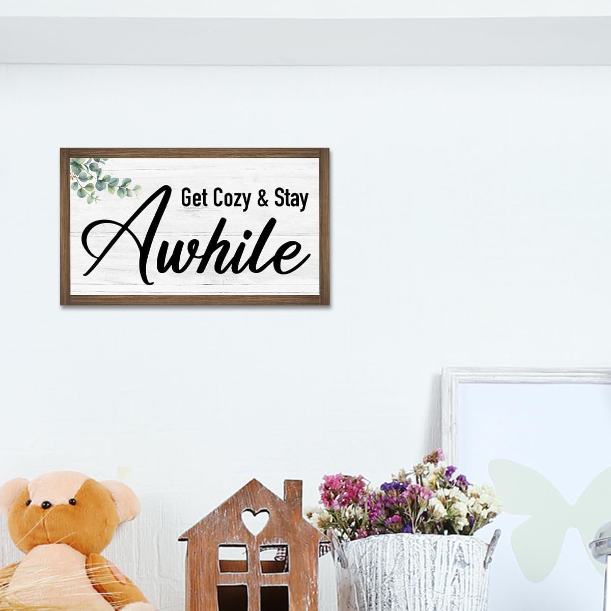 Get Cozy And Stay Awhile Wooden Box Sign Desk Decor,Rustic Family Saying Wood Block Sign for Home Farmhouse Bedroom Shelf Tabletop Wall Decor