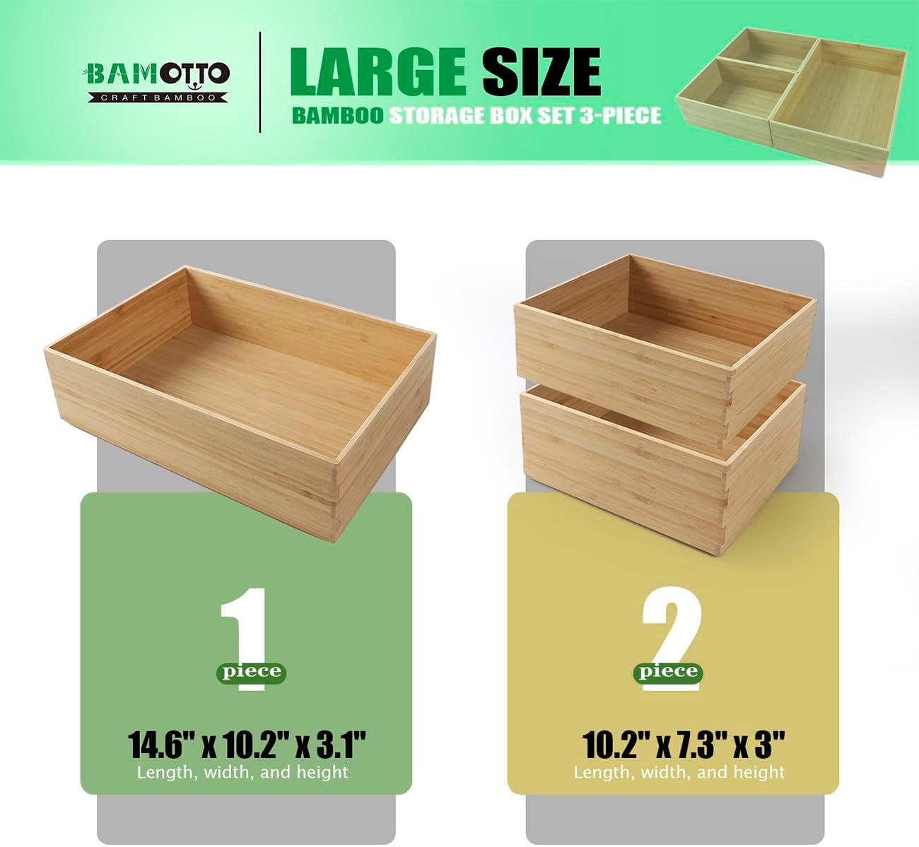 3-Piece Large Bamboo Storage Box Set, 3.1 in High Stackable Deep-Drawer Organizer for Kitchen Cutlery, Cookware, Utensils & Knives, Exquisite Durable Lidless Wooden Bin (14.6"x10.2"*1+10.2"x7.3"*2)