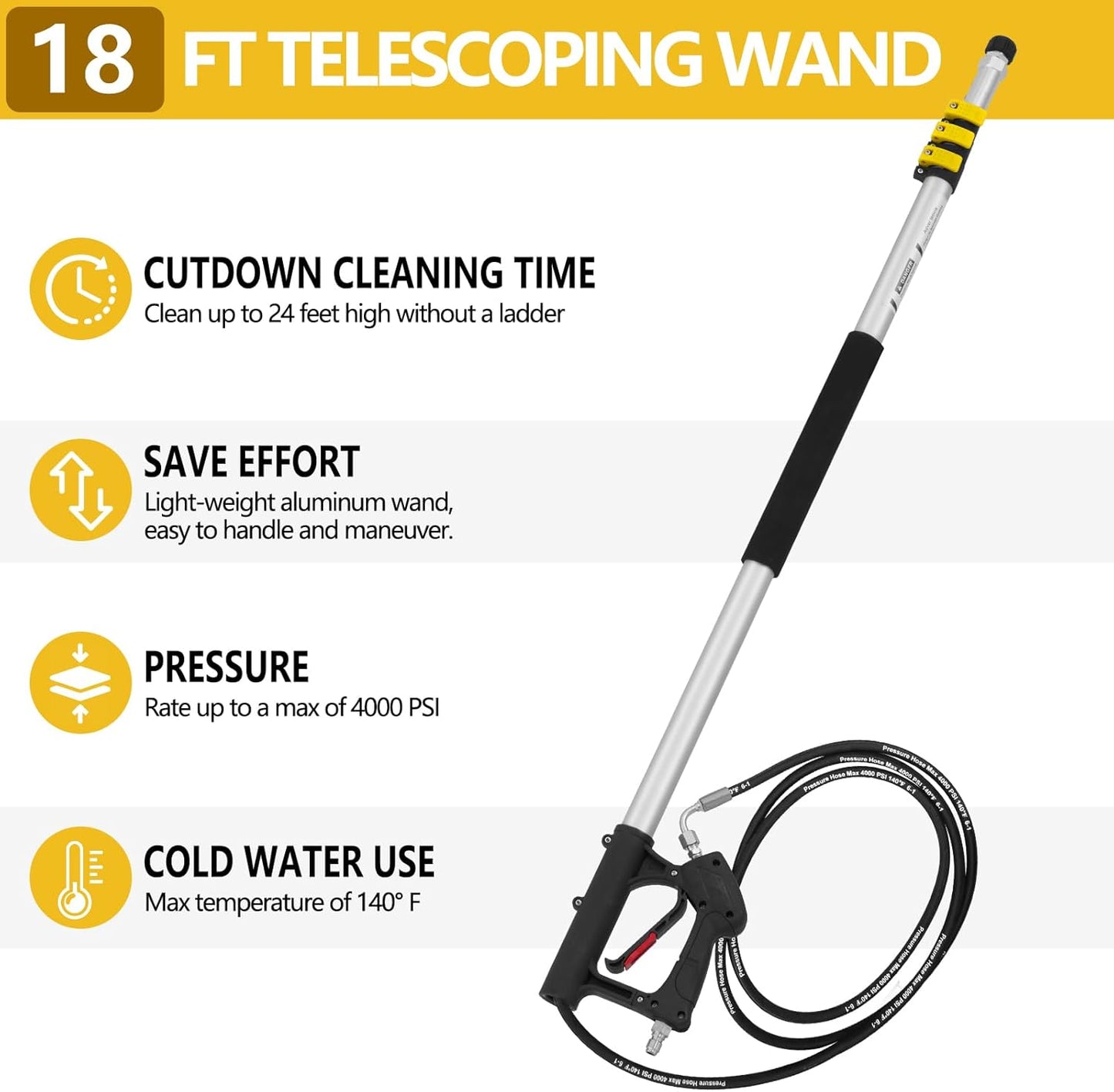 18 FT Telescoping Pressure Washer Wand with Power Washer Extension Wand, Gutter Cleaner Attachment, 5 Spray Nozzle Tips and 2 Hose Inlet Adapters