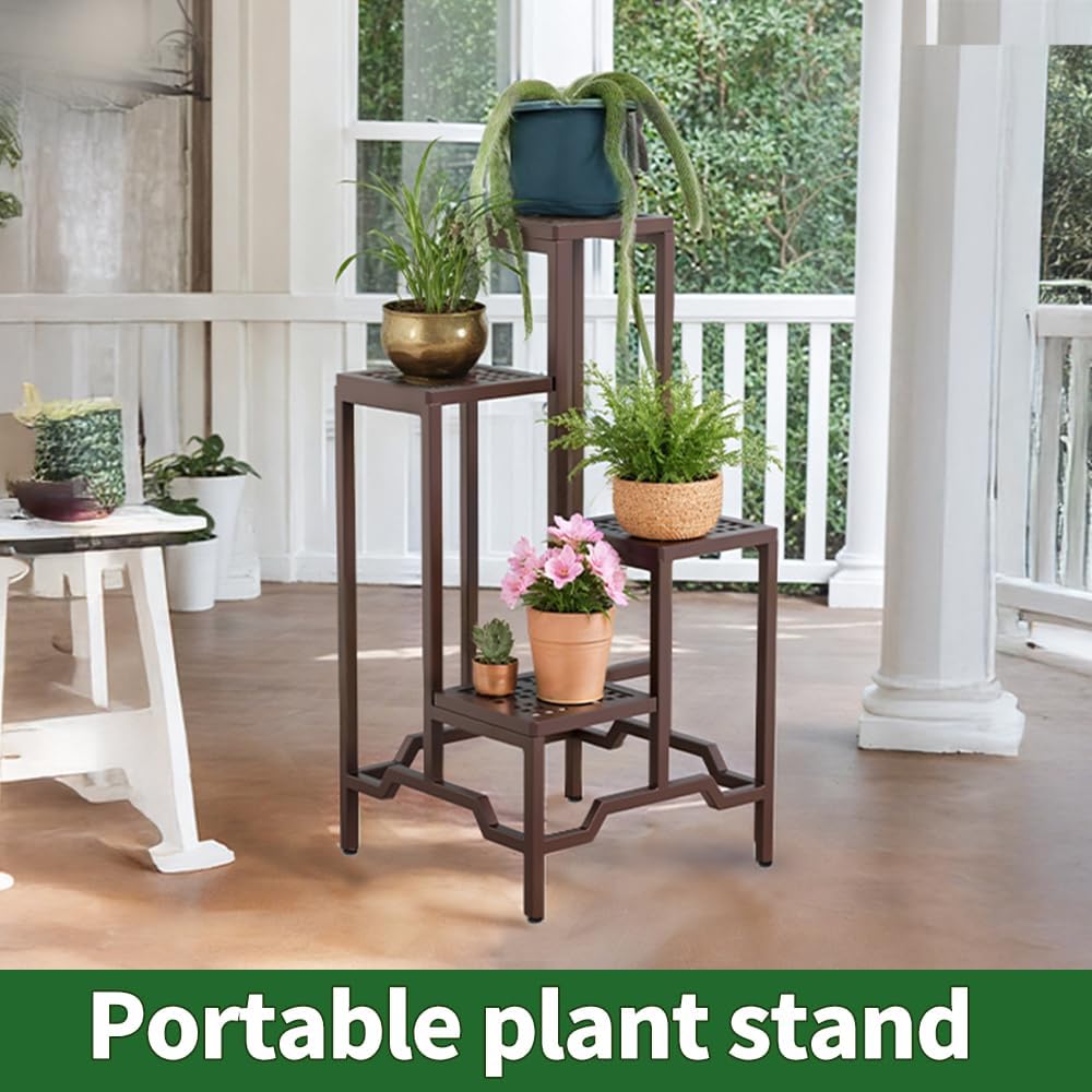 Plant Stand - Aluminum Indoor/Outdoor Flower Rack, Waterproof & Rust-Proof, Stable Support for Pots, Perfect for Living Room, Balcony, Garden, and Office (Brown, 4 Tier)