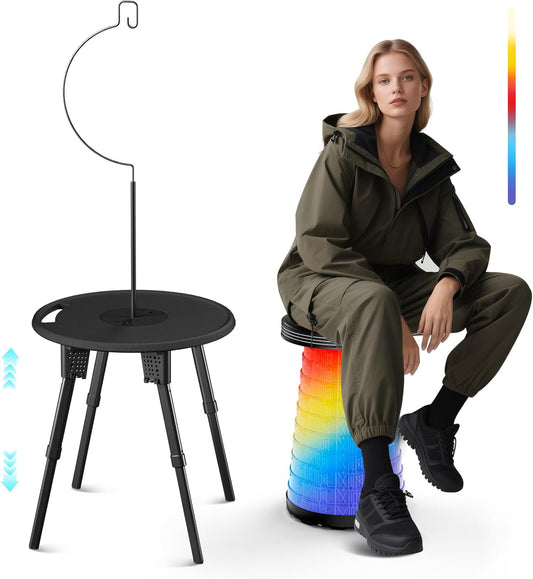 LED Camping Table Set with Stools, 300lbs Capacity Adjustable Height Folding Table & Chairs, All-in-One Compact Design for Outdoor, Camping, Picnic, Tailgating