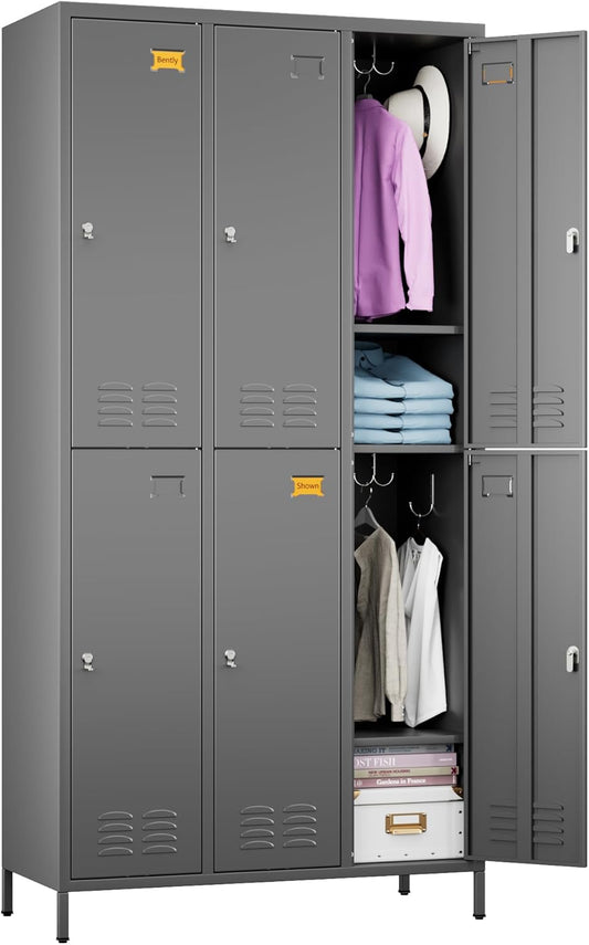 6 Doors Metal Lockers for Employees with 18 Hooks, Metal Employes Lockers with Ventilation Holes for School Garage Office Gym Home,Assembly Required,Dark Grey