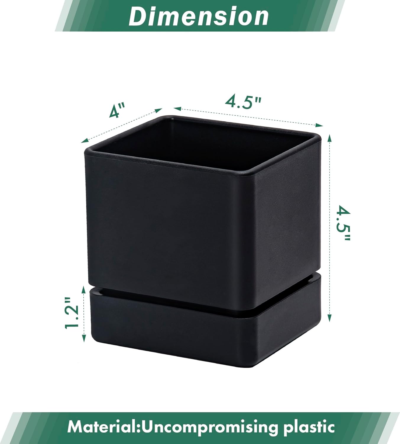 4 Inch Herb Planter Pot, Plastic Planter with Drainage Holes and Saucer, Modern Decorative Gardening Pot for Indoor Plants, Flowers, Herbs, Succulents, Black, Set of 4, 76-Y-B-4