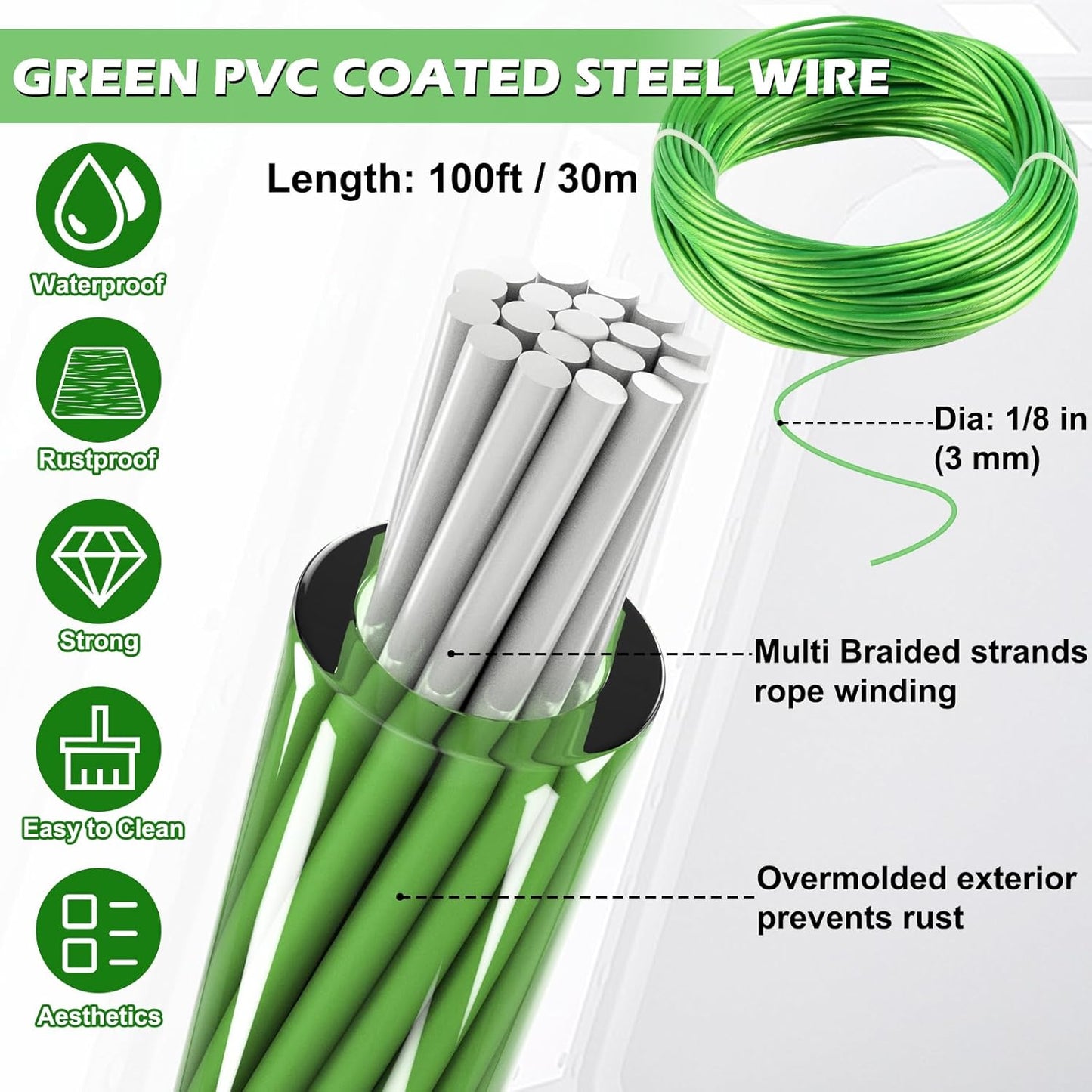 Turnbuckles for Cables Wire, 1/8" X 100Ft Green PVC Coated Wire Rope Kit, Multi-use Steel Cable for Grape Vines/Clothes Line Outdoors for T Post/String Light Hanging/Garden Cable
