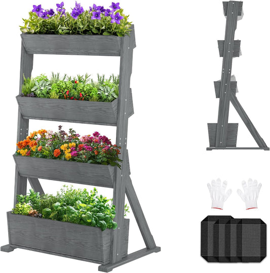 SUNYRISY 4 Tiers Vertical Raised Garden Bed Outdoor Planter Tower, Wooden Freestanding Planter Box for Planting Herbs Flowers Vegetables Backyard Patio Balcony Indoor Outdoor Gardening, Grey