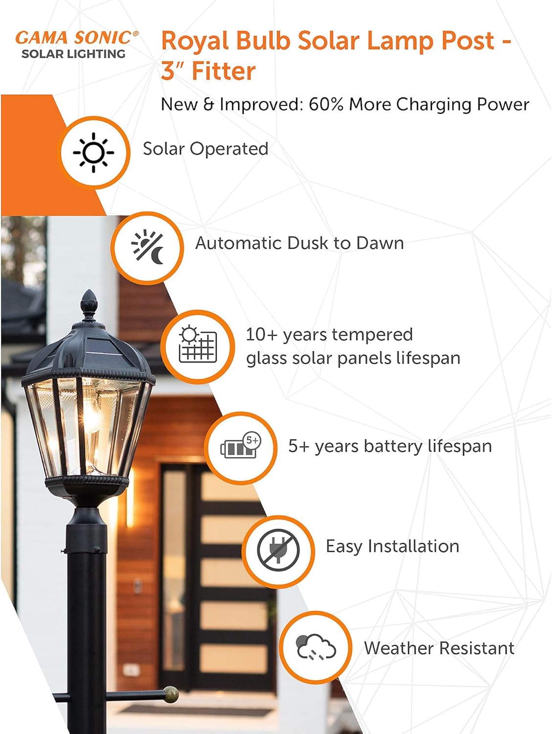 Gama Sonic Outdoor Solar Post Light, Black Aluminum, Royal Bulb, Rain Water Glass, Single Lamp with 3-inch Fitter for Lamp Posts Warm White LED, 98B012 (Upgraded Panel and Battery)