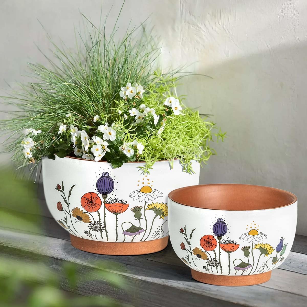 YBX 8 Inch & 6 Inch Terracotta Pots, Plant Pots Indoor, Flower Pots for Indoor Plants with Drainage, Planters with Floral Accent for Indoor Plants (French Country)