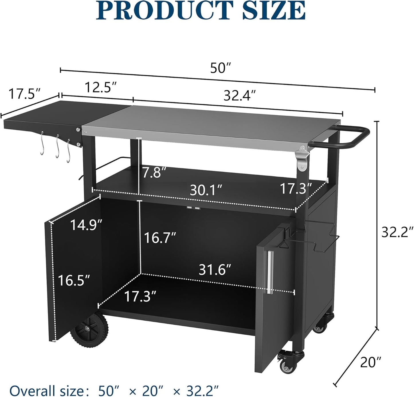 JY QAQA Outdoor Grill Cart with Storage,Patio Kitchen Island Outdoor Grill Table with Wheels,BBQ Cart Movable Pizza Oven Table Stand, Storage Cabinet, Foldable Tabletop, (Black)