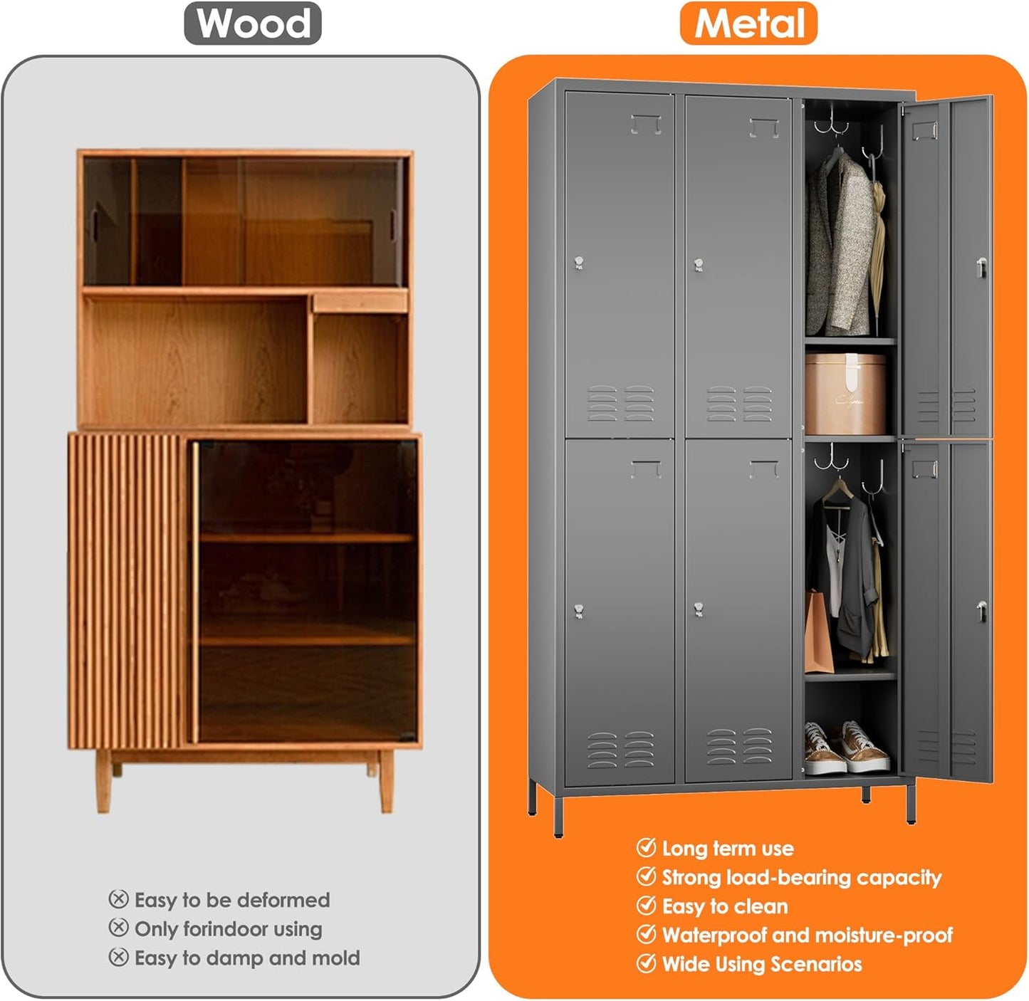 6 Doors Metal Lockers for Employees with 18 Hooks, Metal Employes Lockers with Ventilation Holes for School Garage Office Gym Home,Assembly Required,Dark Grey