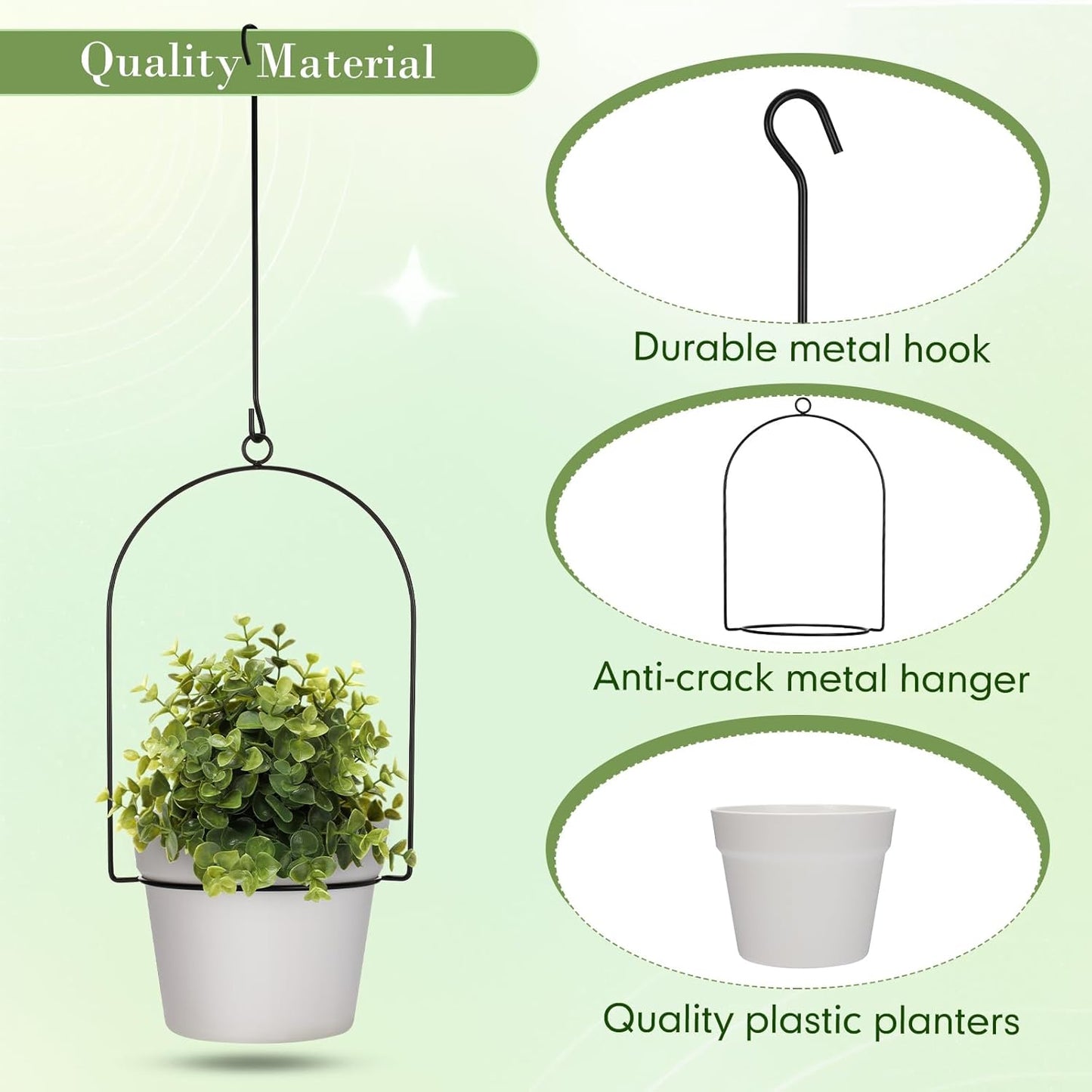 Hushee 6 Packs Metal Hanging Planters for Outdoor Indoor Plants Plant Hanger with 6.3'' Plastic Pots Hanging Planter Basket for Garden Home Porch Decor (White)