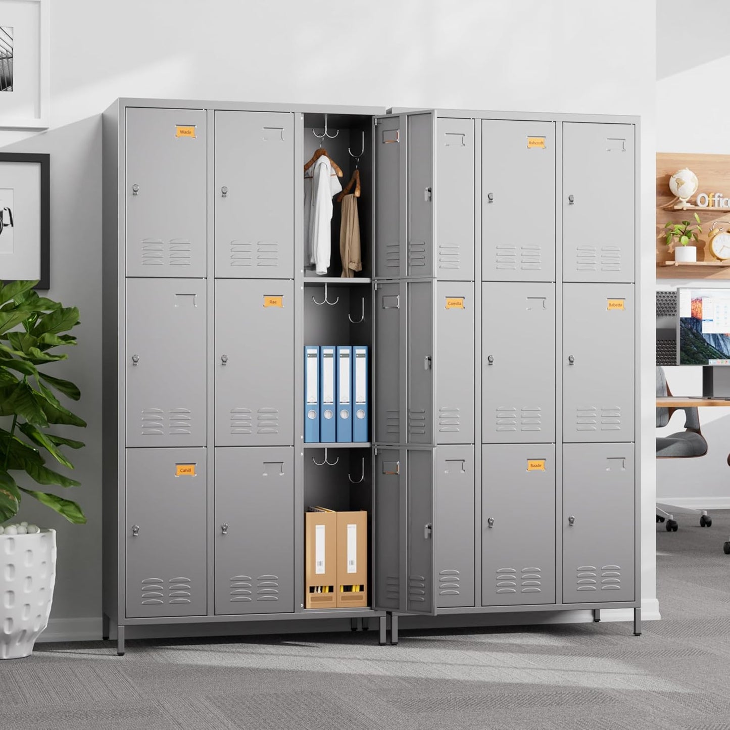 Aobabo Metal Storage Locker for Employees, 9 Doors Lockable Steel Locker with 27 Hooks and 9 Name Card Slot for School Office Gym, Light Grey, Assembly Required