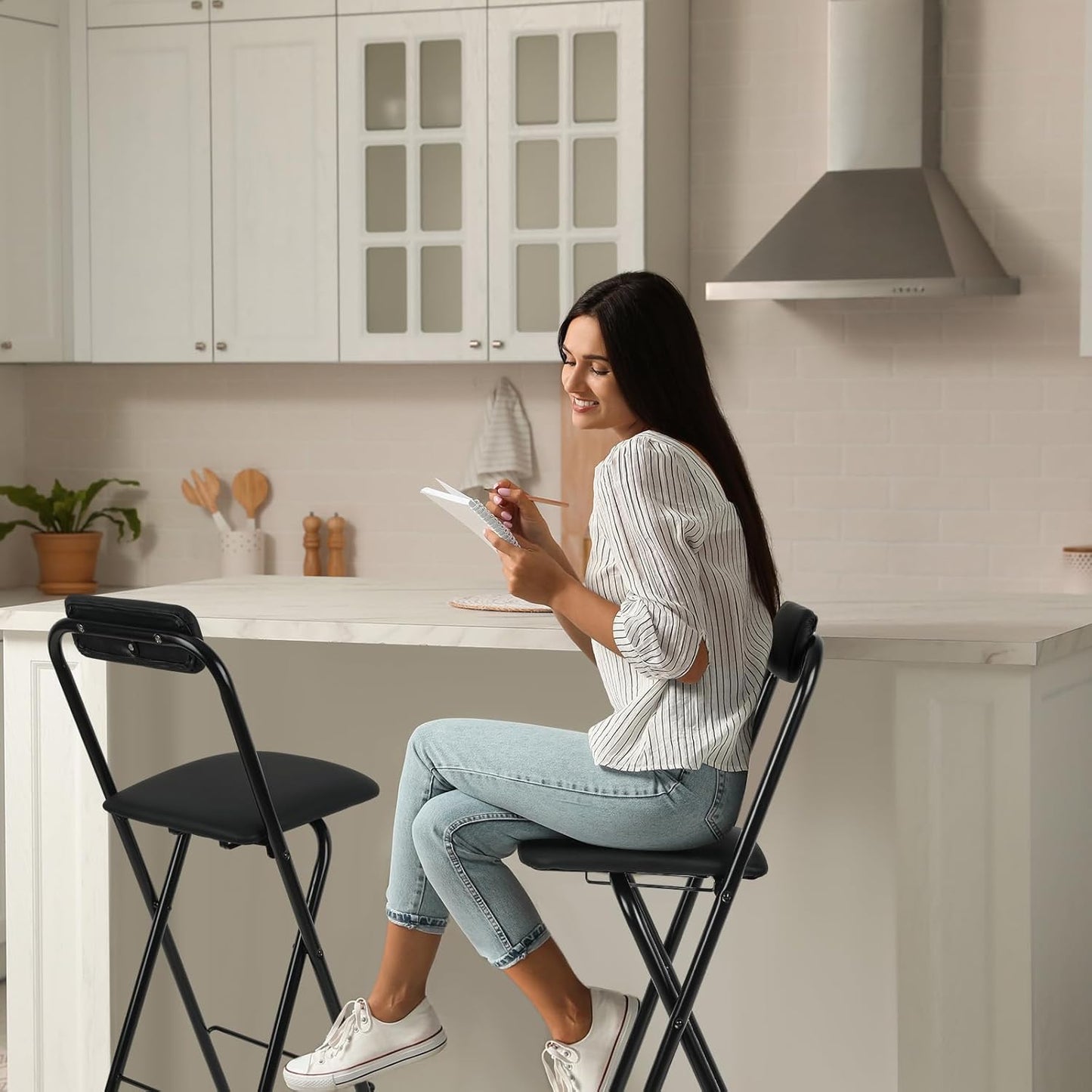 Thyle 2 Pcs Folding Bar Stool with Backrest, Tall Foldable Stool Chair Portable High Folding Bar Chair Counter Height Seat Leather Padded for Kitchen Island Shop Cafe Dining Room Black (27.5 Inch)