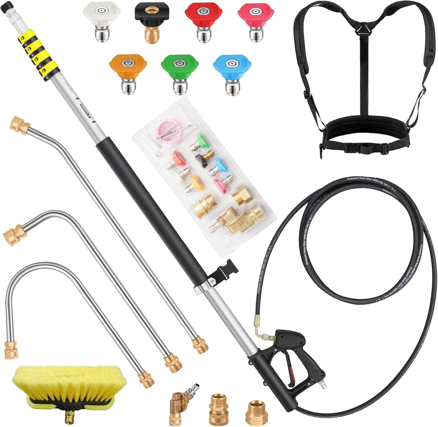 24FT Telescoping Pressure Washer Extension Wand, Aluminum Power Washer Extension Wand, Solar Panel Cleaner Pole with Brush Head, 7 Nozzle Tips, 3 Adapters, Support Belt