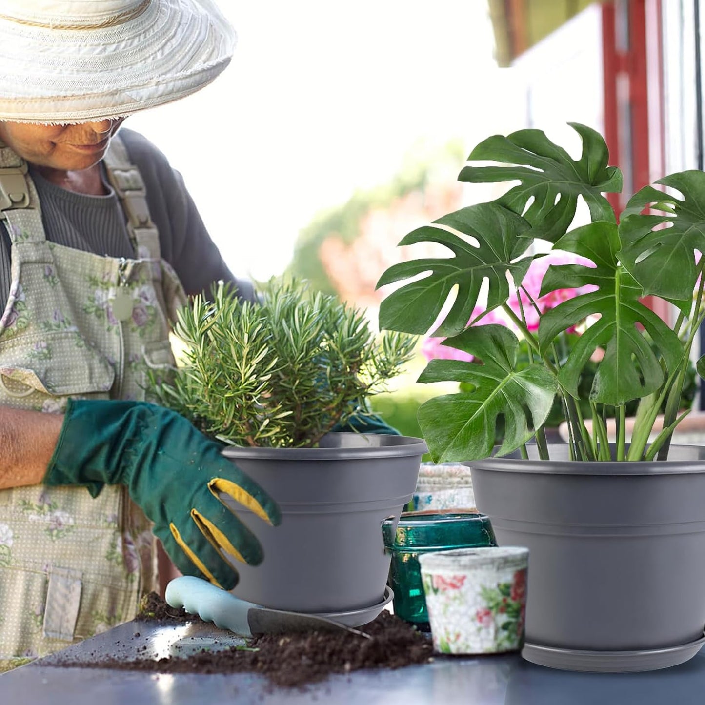 16-inch-Plant-Pots, 4 Pack Large Planters for Outdoor Plants, Plastic Flower Pots Indoor with Drainage Holes & Trays, Classic Garden Pot Container for House