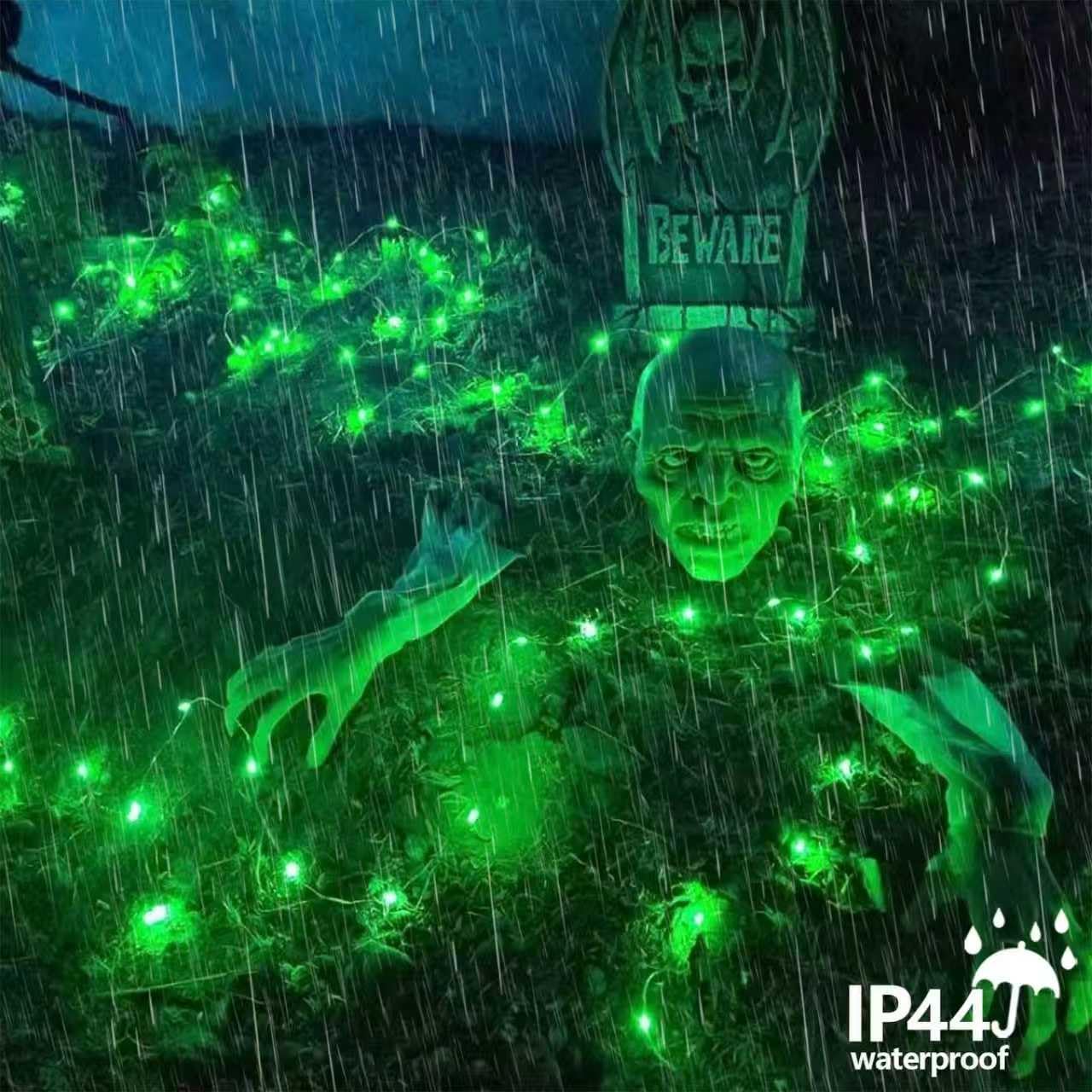 QITONG 4 Pack Green Solar Fairy Lights, Each 33ft 100 LED Halloween Lights Outdoor Waterproof, 8 Modes Silver Wire Christmas String Lights