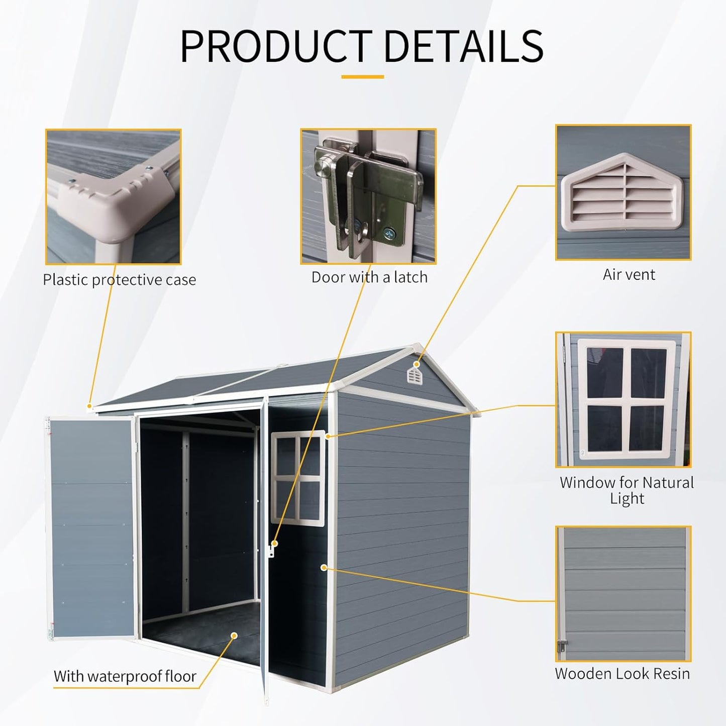 8x6 ft Outdoor Resin Storage Shed with Floor, Waterproof Plastic Garden Shed with Lockable Door and Two Windows, All-Weather Tool Sheds for Backyard, Patio, Lawn (Grey)