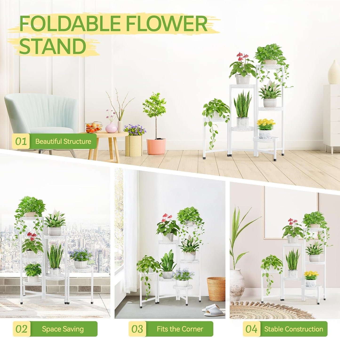 iDavosic.ly Plant Stand Indoor Outdoor, 6 Tier Corner Metal Flower Display Holder Shelf, Folding Tall Orchid Rack for Patio Balcony Porch Garden Living Room House, Wrought Iron - White