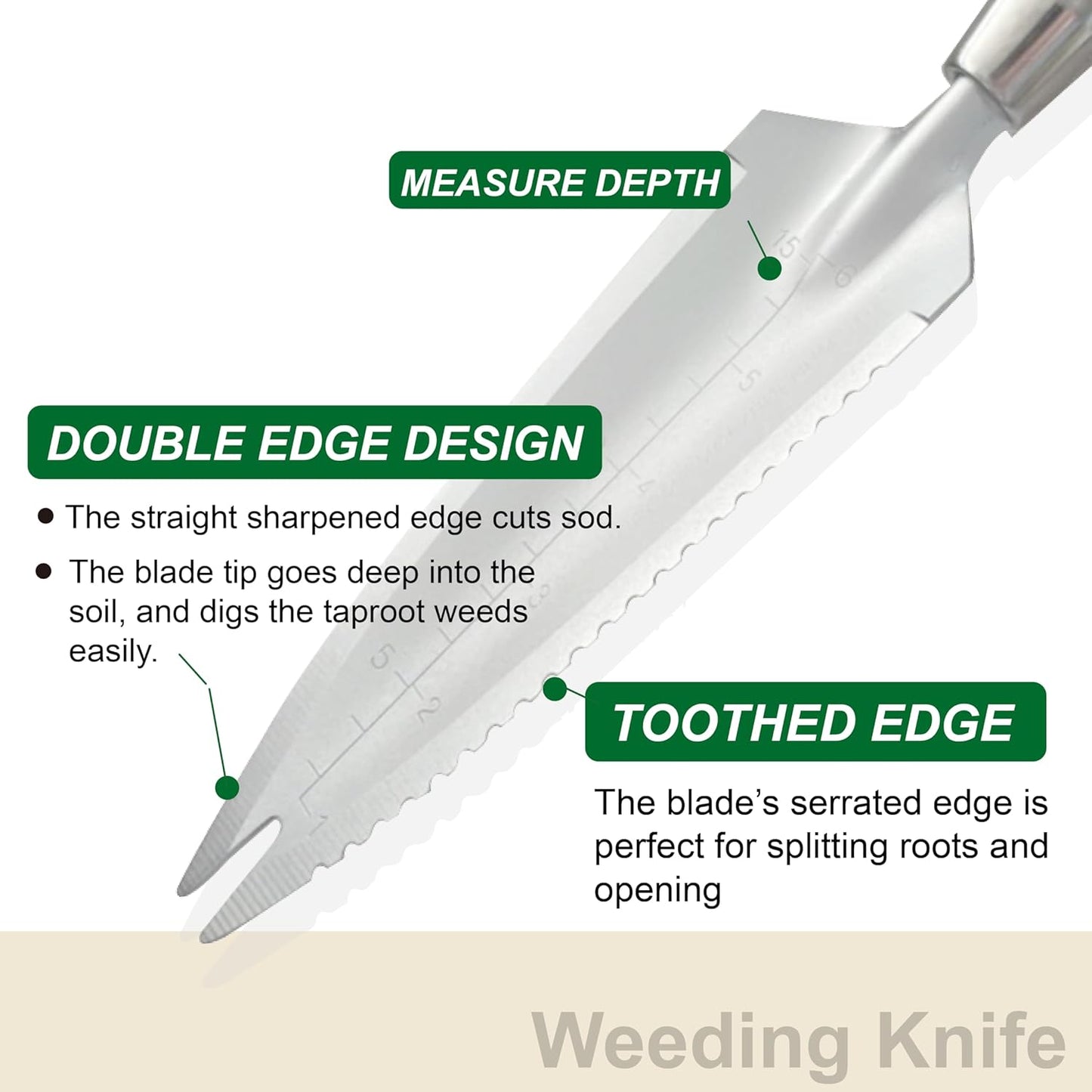 SUMIO 13.3" Alloy Steel Garden Trowel with Forked Tip and Depth Markings, Weeding Knife for Root Cutting, Transplanting, Digging, and Slit Weeding