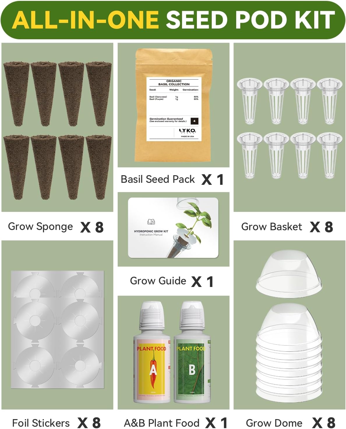 Hydroponics Seed Pod with Genovese Basil & Purple Basil, 8 Pods Complete Kit with Sponge, Basket, Dome, Label, Compatible with AeroGarden, Ahopegarden, GARDENCUBE, iDoo & MUFGA Indoor Smart Gardens