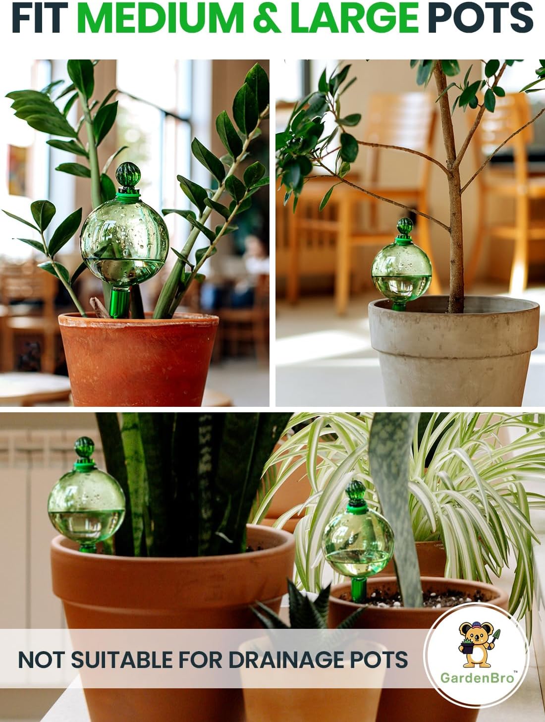 16 Oz Plant Watering Globes for Indoor Plants with Metal Self Watering Planter Insert - Premium XL Glass Hand-Blown Globe - Automatic Plant Waterer Indoor, Gift Idea for Gardeners [1 Globe, Green]