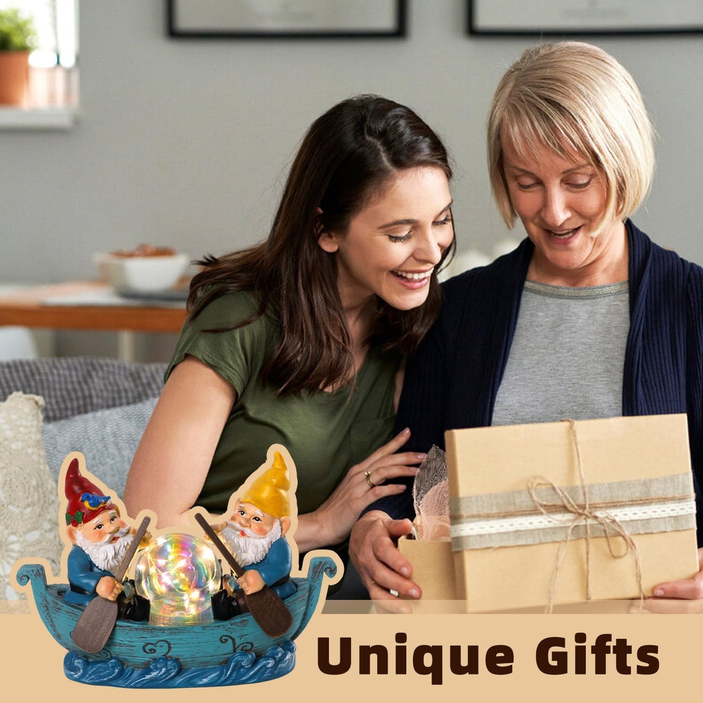 Solar Gnome Boating Garden Statues with Ball Light 4.6" Resin Gnomes Figurines Decorations for Yard Patio Lawm Porch Balcony Funny Housewarming Birthday Gardening Gifts for Women Moms