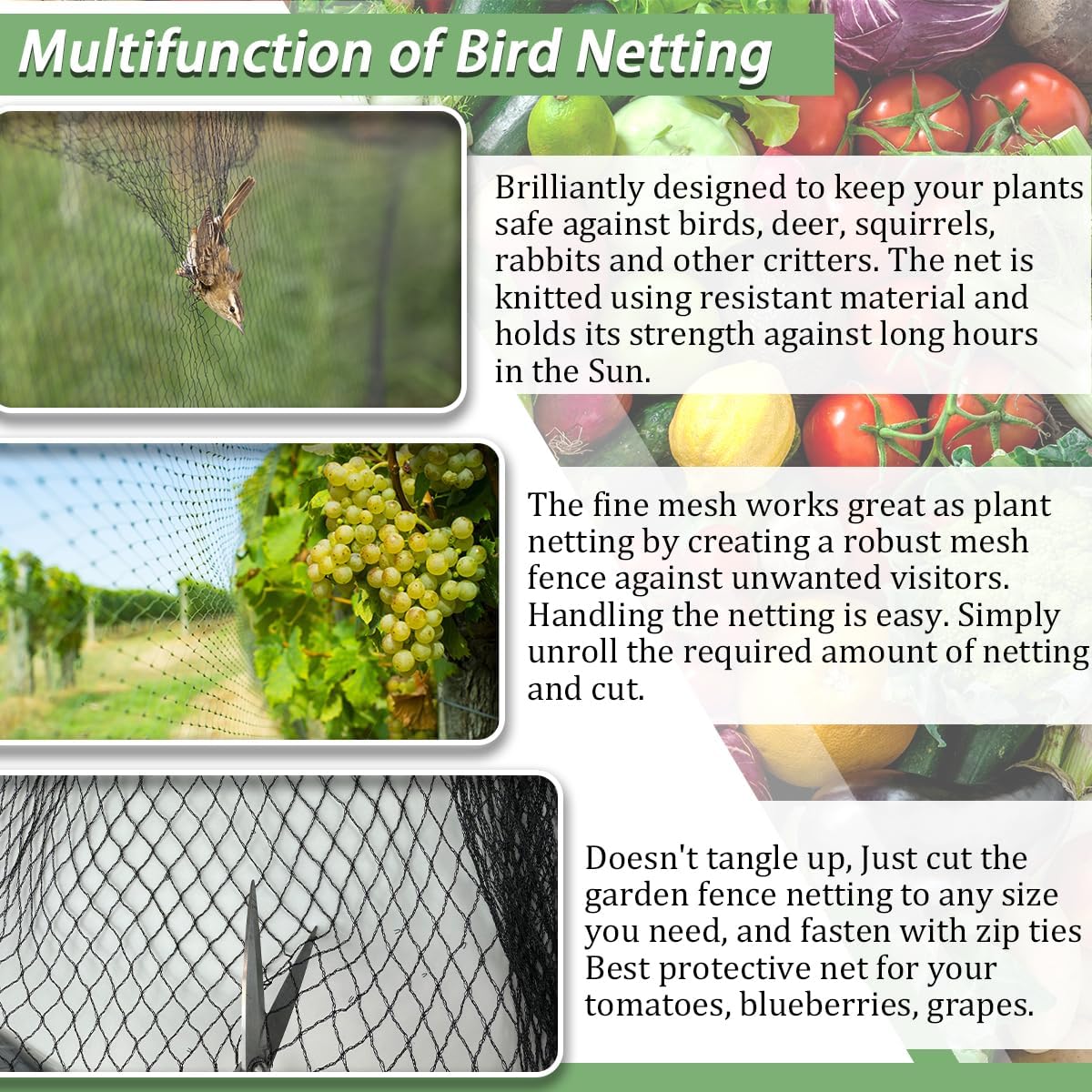 Bird Netting，15 x 15 FT Garden Netting Bird Net for Chicken Coop, Poultry Netting Fence for Fruit Trees, Plants and Vegetables Against Birds, Deer, Squirrels and Other Animals