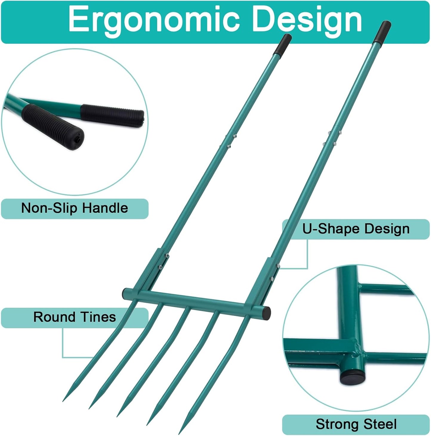 Broad Fork Garden Tool, 5 Tines 20 in Broadfork Hand Tiller, 55 inch Heigh Pitch Fork, Ergonomic U-Shaped Design, Spading Digging Fork for Gardening, Cultivating, Aerate Clay Soil for Farm