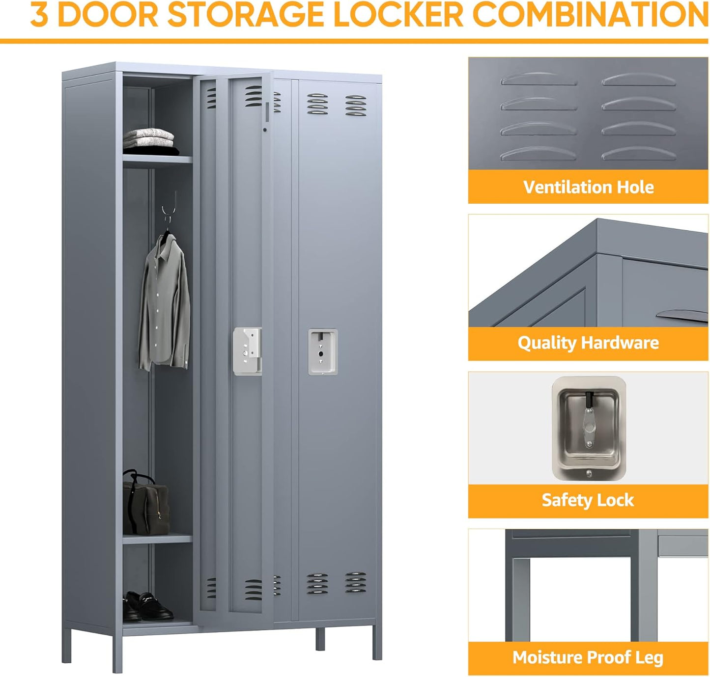 Metal Storage Locker for Employees, 72" Employee Locker with 3 Doors&9 Hooks for School Gyms Homes Garages Offices Study with Assembly Required, Light Gray