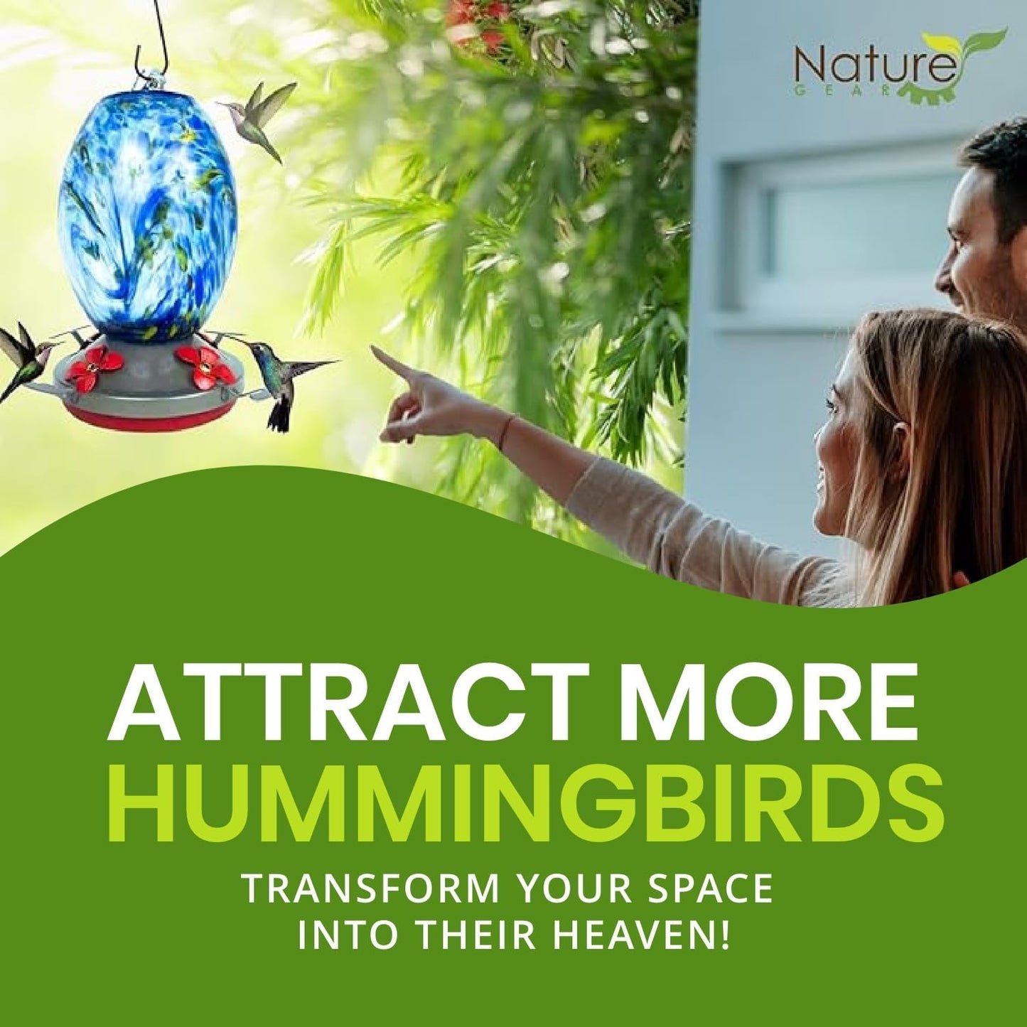 Nature Gear Hummingbird Feeder, Hanging-Mount Glass Hummingbird Feeders for Outdoors, Hand-Blown Glass Feeder with Ant Moat for Garden Hummingbirds, Easy to Clean & Rust Resistant, Sky Blue