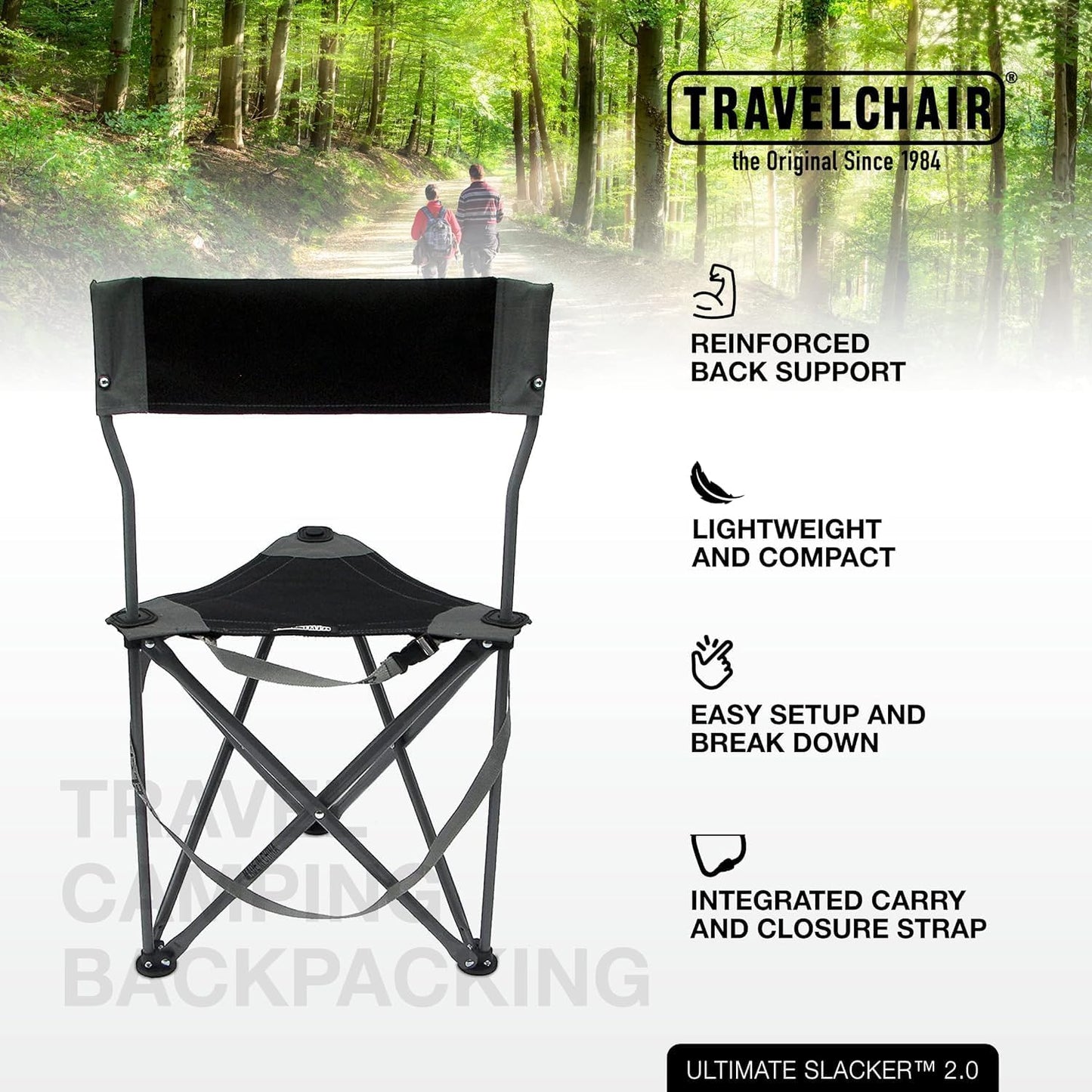 Travel Chair Ultimate Slacker, Quick Folding Tripod Stool with Backrest, Fishing Camping Hiking Chair with Carry Strap, Polyester, Black