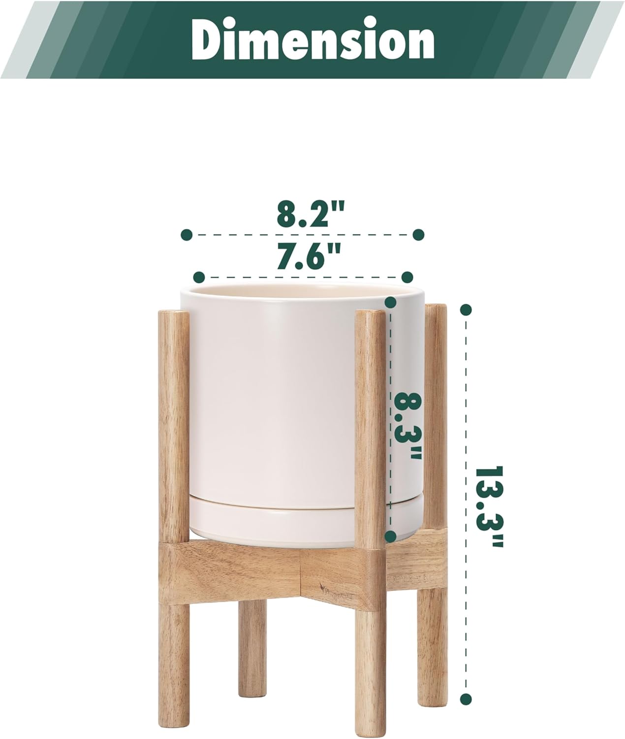 D'vine Dev Ceramic Planter with Natural Stand - 8 Inch Modern Round Flower Pot with Wood Planter Holder, Oatmeal, 55-B-N-8