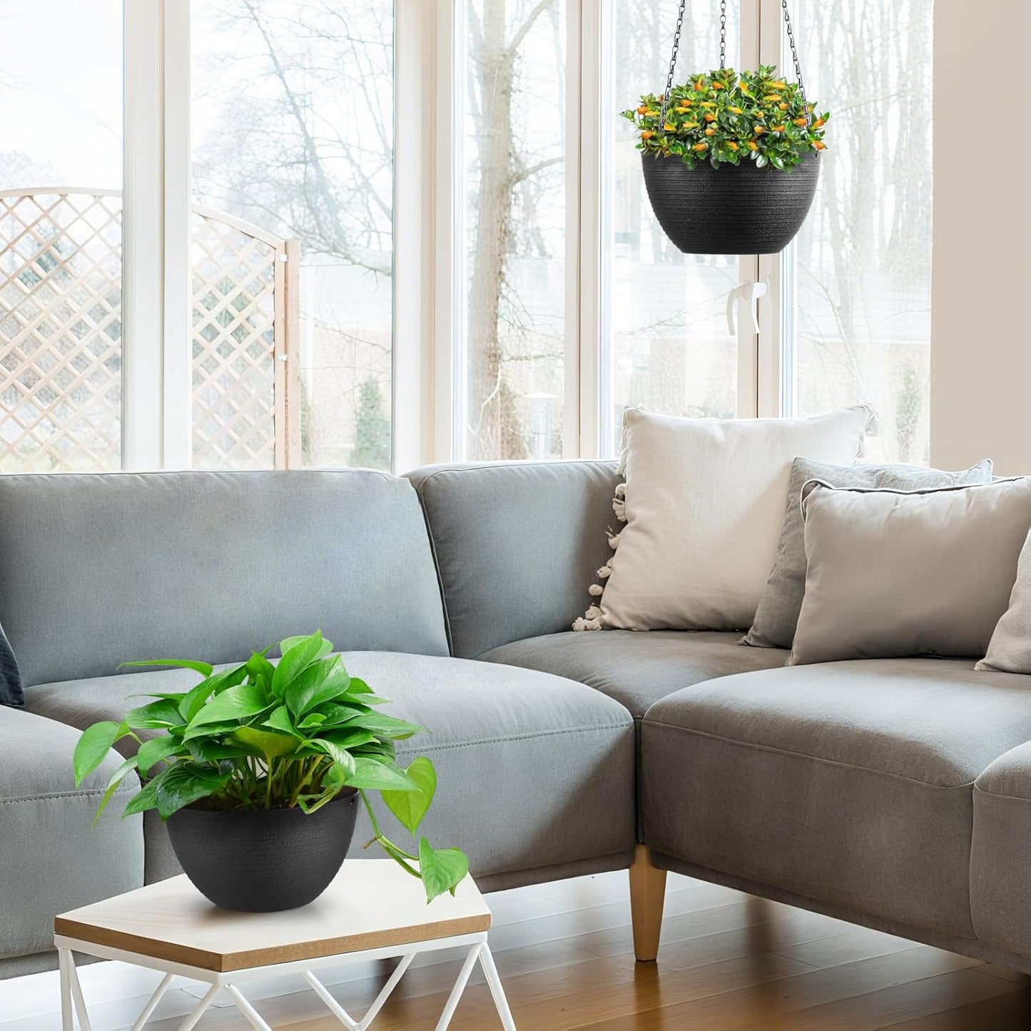 Hanging Planters for Indoor Outdoor Plants, Set of 2 Self Watering Hanging Pots with Drainage Hole & Plug and 20" Chain & Hooks