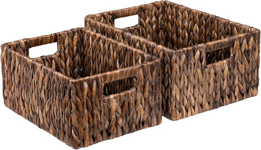 FairyHaus Wicker Basket with Handle 2Pack-15x11x7" & 13.4x9.5x6.5", Brown Water Hyacinth Wicker Baskets for Storage, Natural Hand Woven Baskets for Organizing
