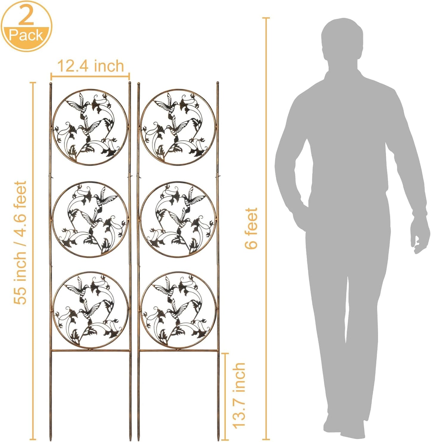 SUNNYPARK Set of 2 Hummingbird Metal Garden Trellis for Climbing Plants, Decorative Vegetables Flowers Vine Trellis for Outdoor Patio 55'' H x 12.4'' W