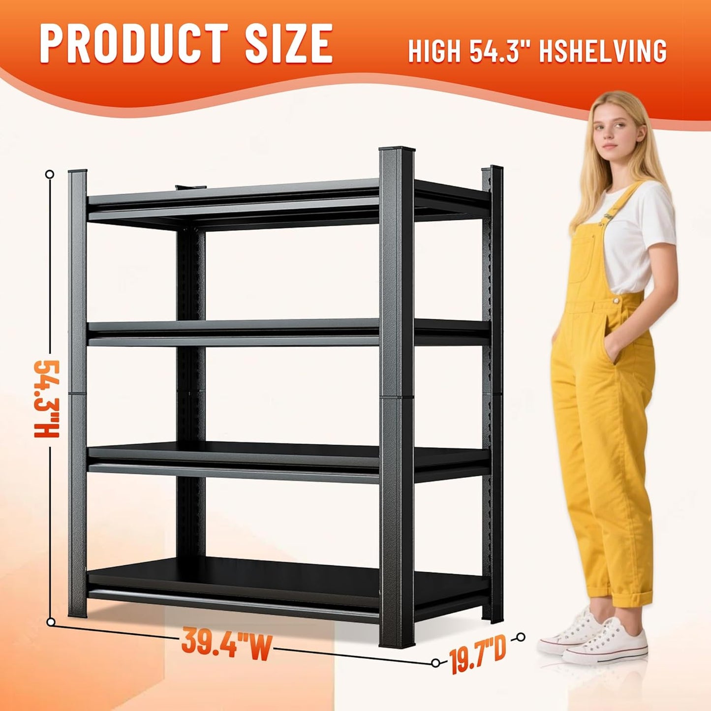 Heavy Duty 4-Tier Steel Shelving Unit, 2000LB Capacity Adjustable Storage Rack for Garage, Warehouse & Basement, Easy Tool-Free Assembly（54.3''H x 39.4W x 15.7''D）