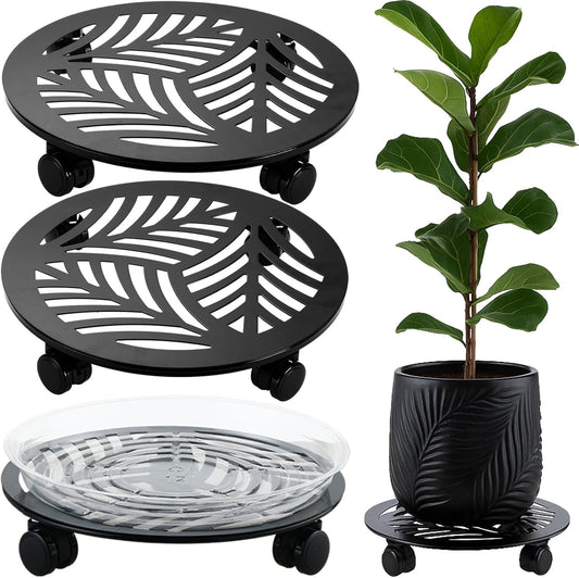 2 Packs Large Metal Plant Caddy with PU Wheels 13" Heavy-Duty Wrought Iron Rolling Plant Stands Indoor Outdoor Wheeled Plant Dolly Planter Mover Rollers Plant, Leaf Style