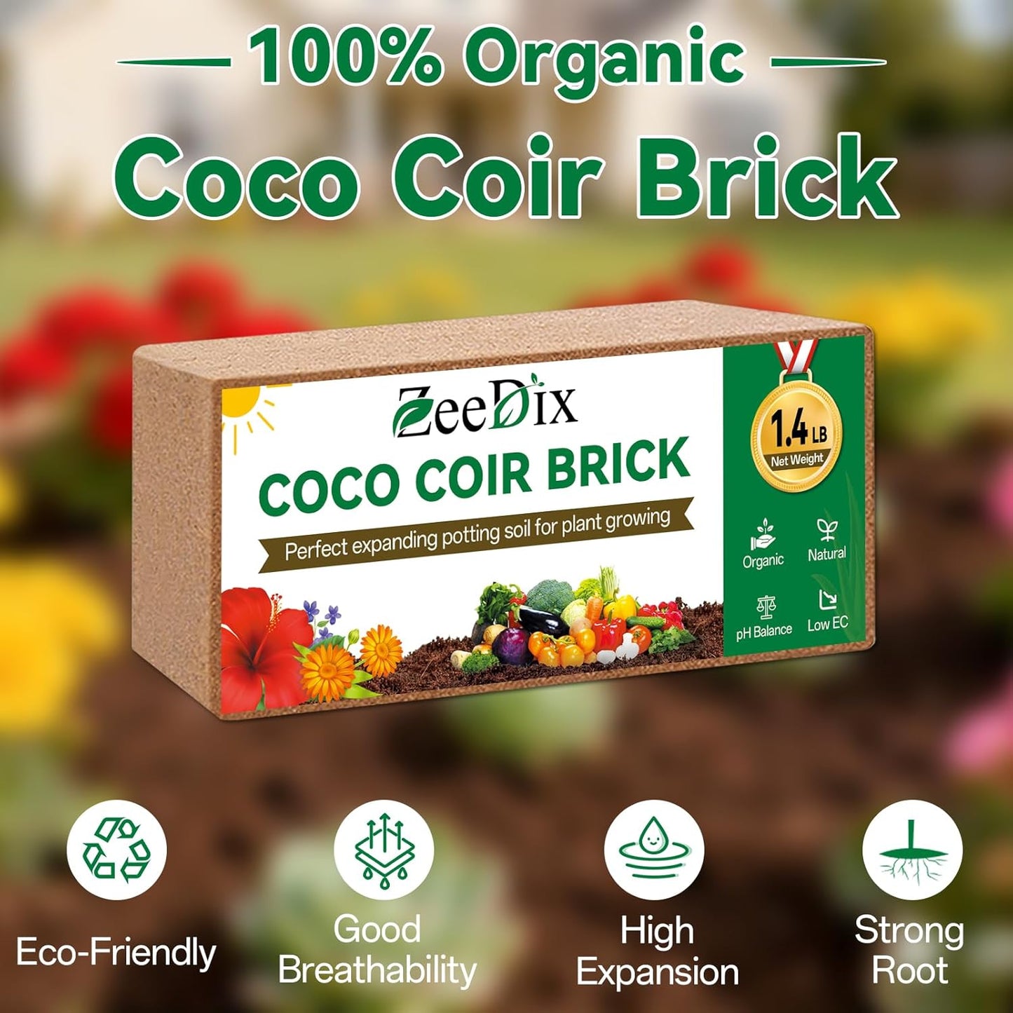 ZeeDix 8 Pack Coco Coir Brick (11.2lbs), 100% Organic Coconut Coir for Garden Soil & Potting Mix, Low EC and pH Balance, Compressed Coconut Husk Fiber for Seed Starter Soil for Indoor Outdoor Plants