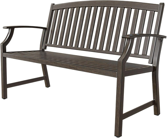 Grand patio 52" Farmhouse Outdoor Bench, Garden Benches with Anti-Rust Aluminum Powder Coated Frame, Faux Wood Grain Finish Frame Patio Bench for Front Porch, Northwoods Brown