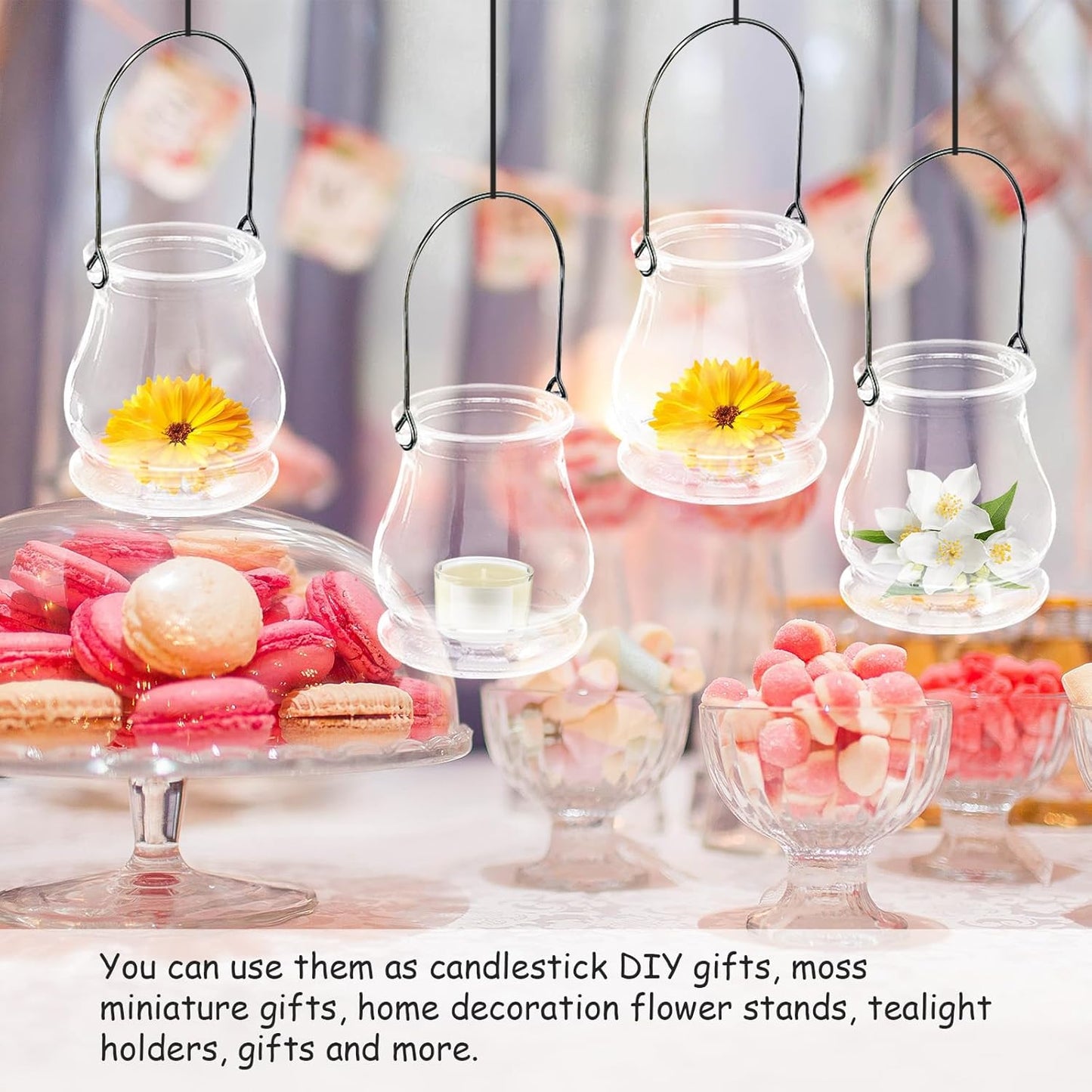 Cabilock 4pcs Hanging Candle Holders, Clear Tealight Holder, Hanging Glass Vase, Fillable Plant Succulent Vase Hanger for Party Wedding Decoration
