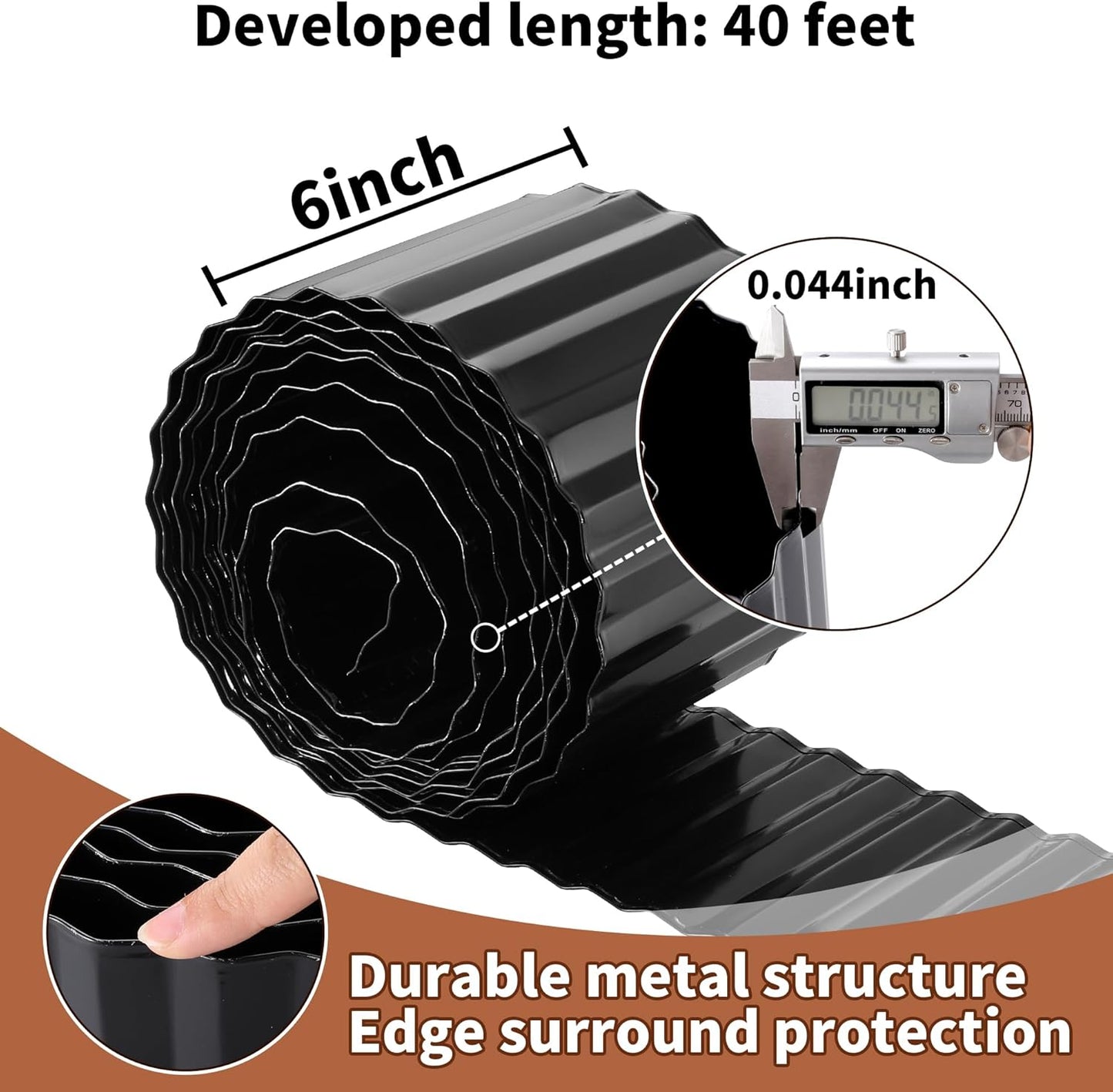 Corrugated Metal Garden Edging, 6"×40Ft Durable Metal Landscape Edging, Modern Corrugated Design for DIY Flower Beds and Landscaping Borders(Black)