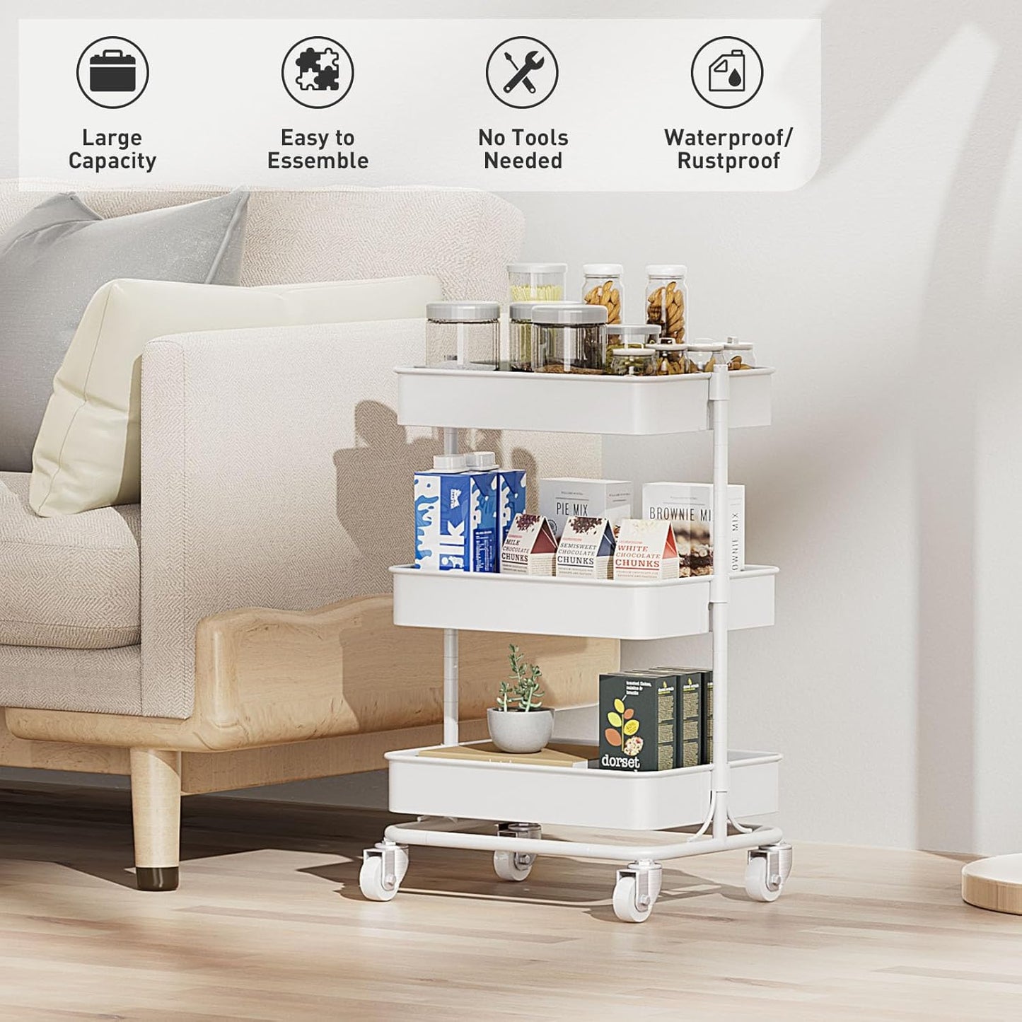 3-Tier Modern Metal Rolling Utility Cart with Silent Casters, 15.35x11.81x23.74 inch Heavy Duty Organizing Cart Trolley Organizer for Office, Living Room, Kitchen，(White)