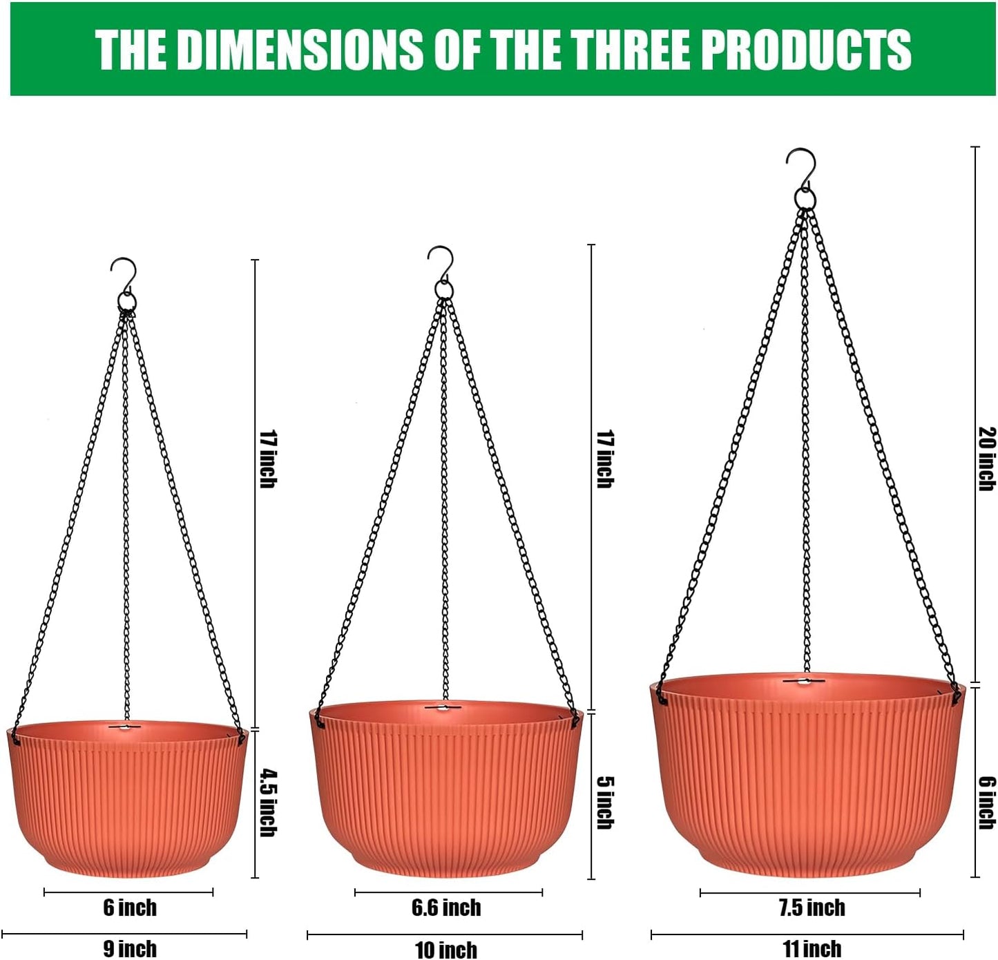 Hanging Planters 9/10/11 Inch for Indoor Plants, 3 Pack Plant Hanger Outdoor with Drainage Holes, Self Watering Hanging Basket Flower Pot for Garden Home Decor, Light Coral