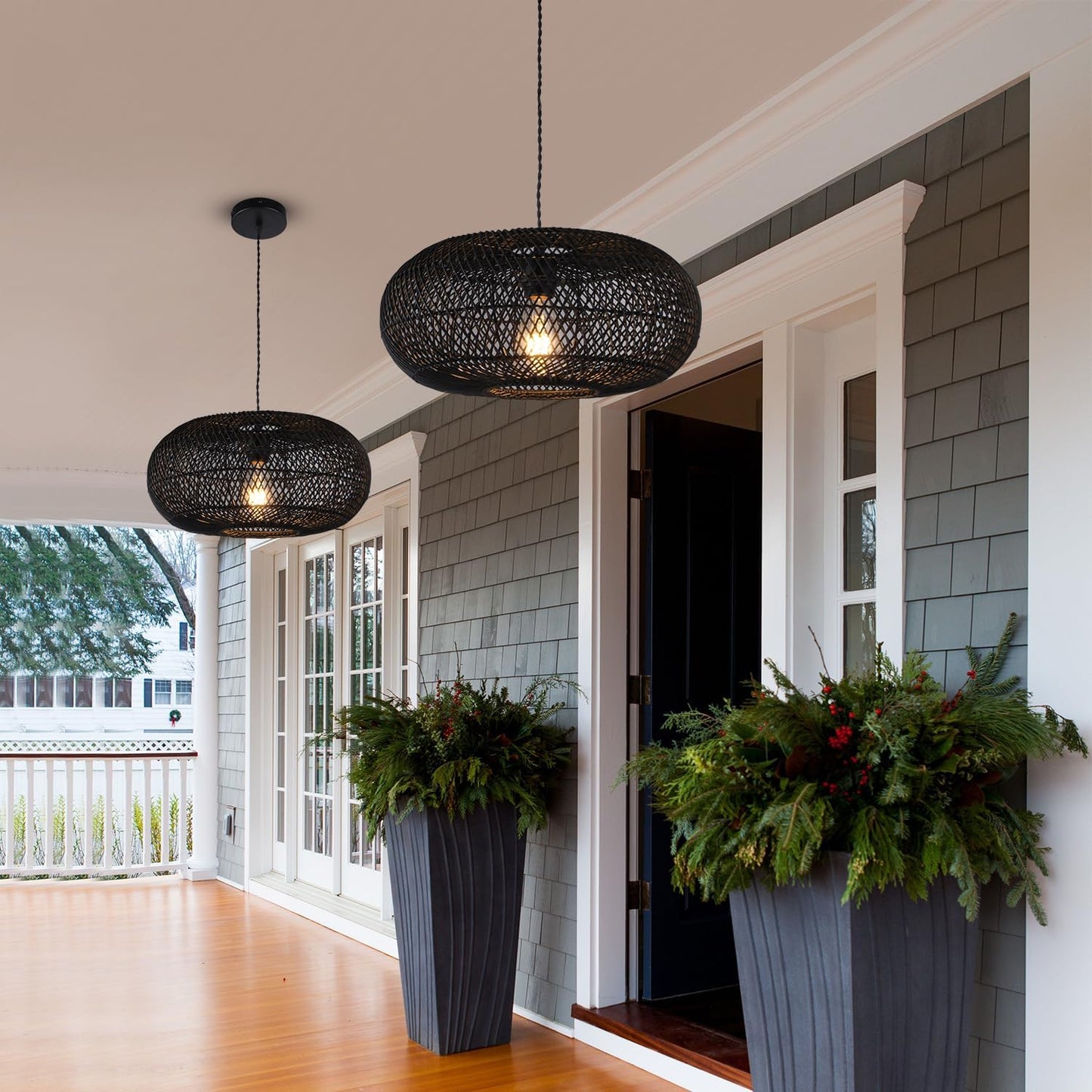 Rattan Pendant Light 15.75" 1-Light Hand-Woven Bamboo Rattan Hanging Lamp Large Globe Wicker Chandelier Modern Bohemian Adjustable Pendant Lamp for Kitchen Island Farmhouse Outdoor Porch Black.…