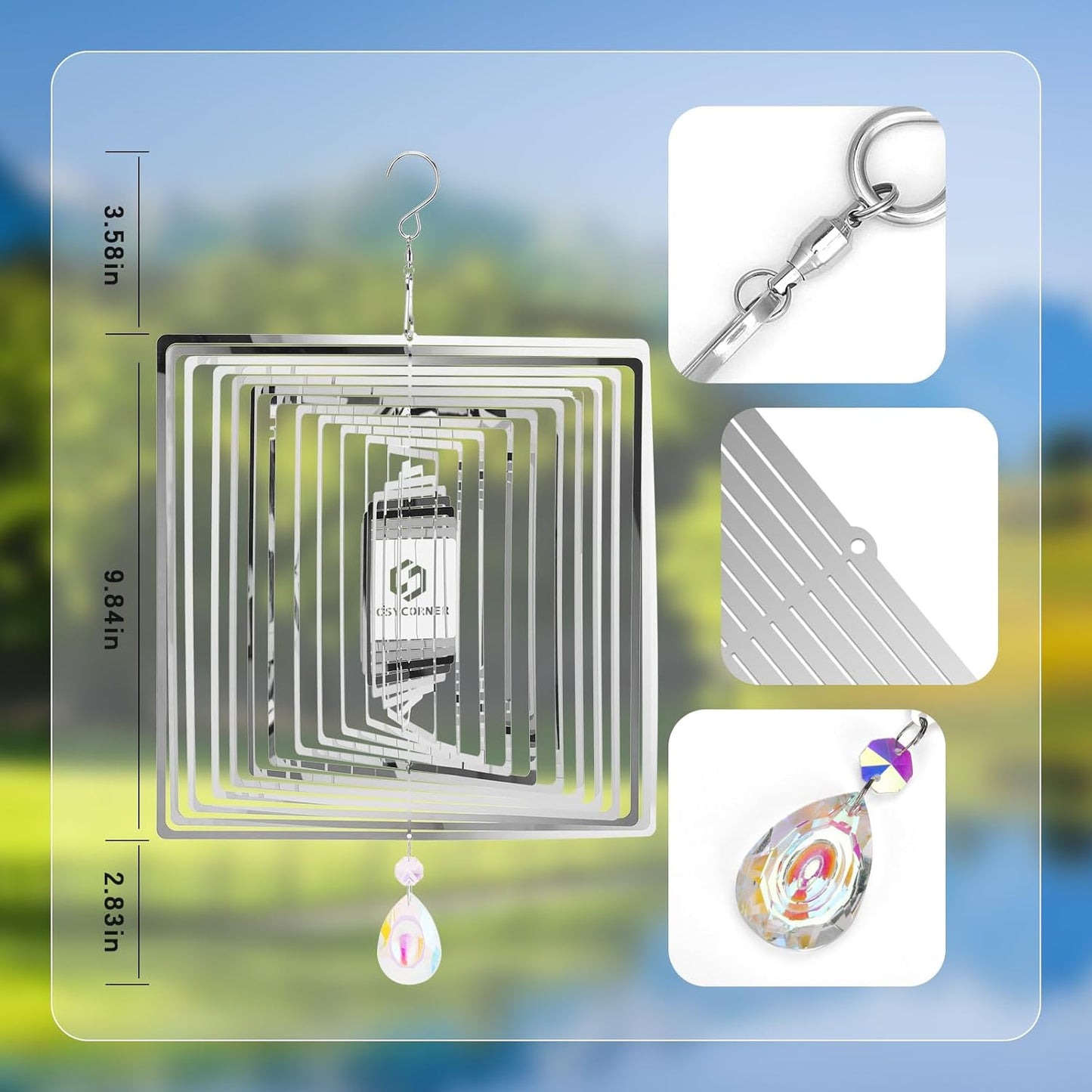 Wind Spinners Outdoor – Colorful Garden Wind Spinners & Yard Decorations, Outside Wind Chimes for Garden Decor, Birthday Gifts for Women (Square-Silver, 11.9 inch)