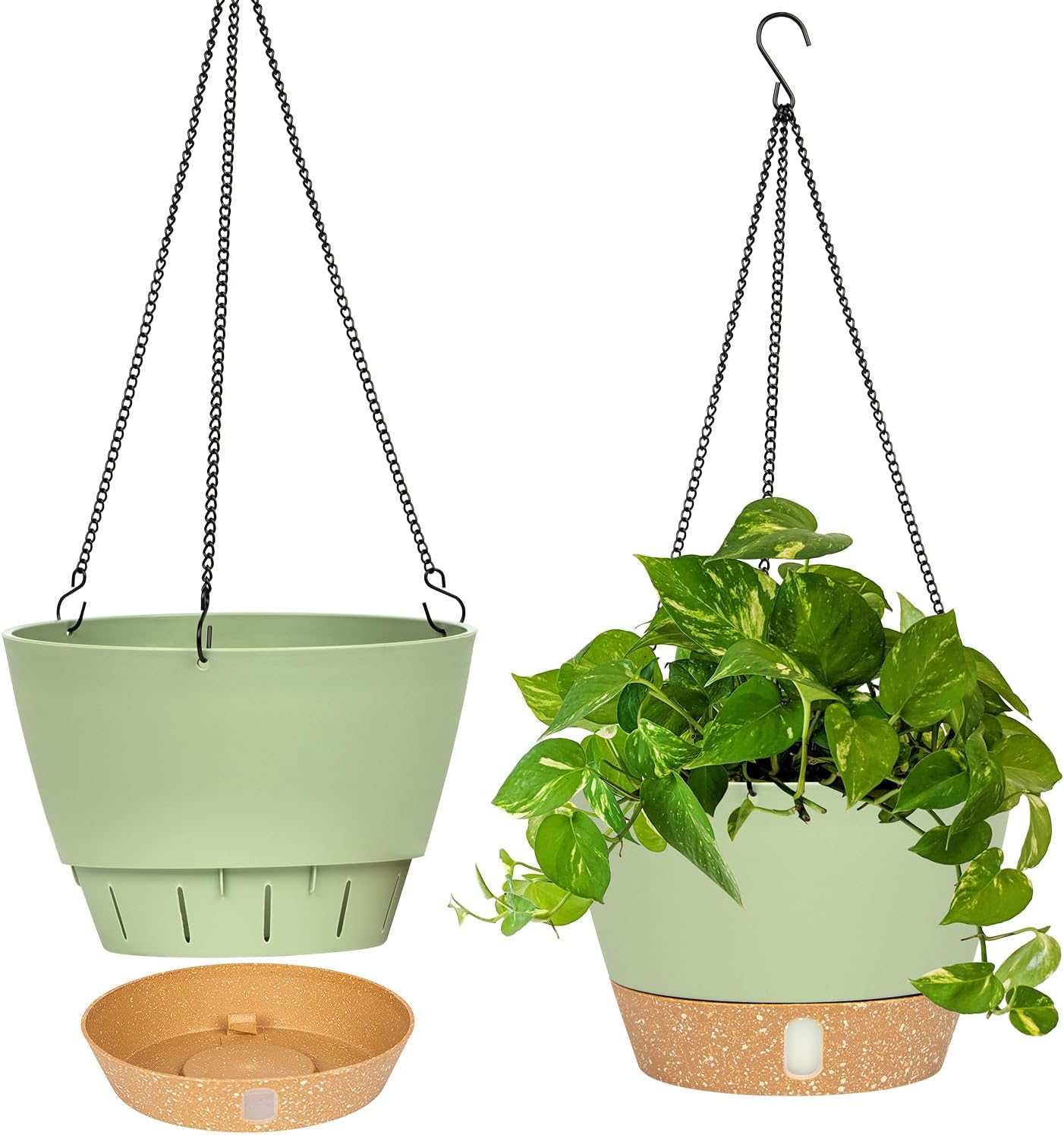 QCQHDU 2 Pack Hanging Planters for Indoor Outdoor Plants, 10 Inch Hanging Baskets Flower Pots with Reservoir Tray & Visible Water-Level