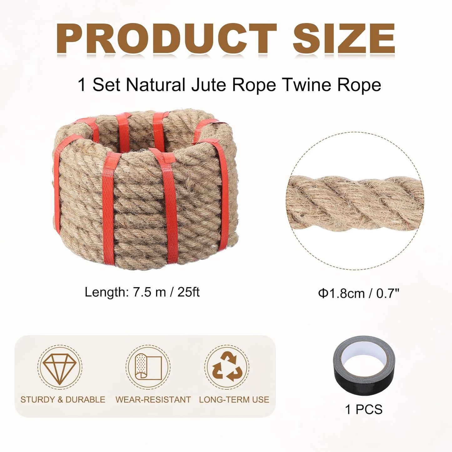 MECCANIXITY Jute Rope 25ft x 0.7 Inch, Thick Twine Rope Ropes Braided Jute Twine Natural Brown Burlap Cord String Heavy Twisted with Tape for Decorative Crafts Railing Swing Tug of War